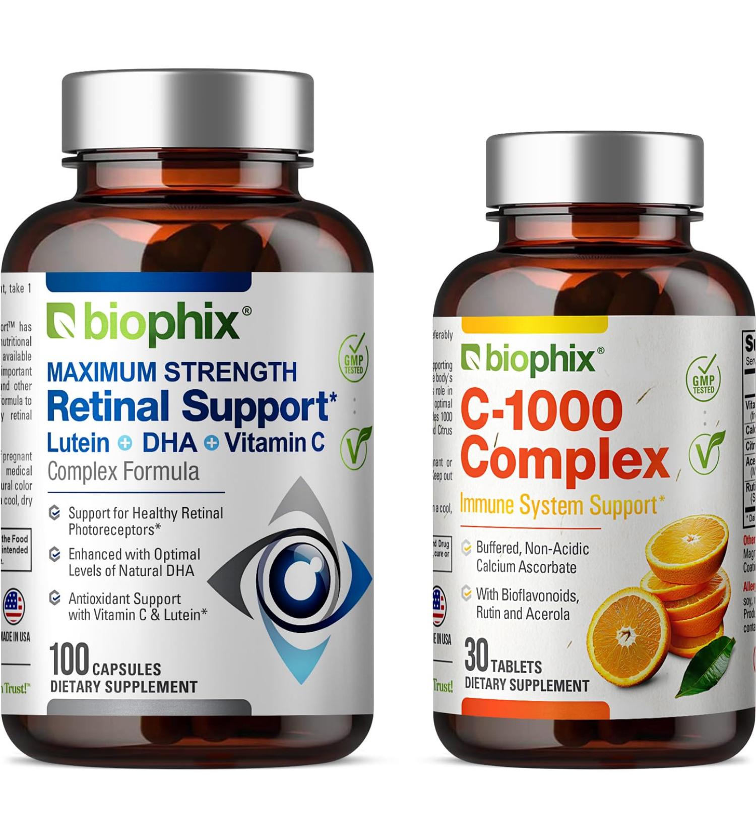 biophix Retinal Support Maximum Strength Complex Formula 100 Capsules - Free C-1000 30 Tablets - Zinc Vitamin C E Lutein DHA Omega-3 Astaxanthin Hyaluronic Acid - Supports Eye Vision Health