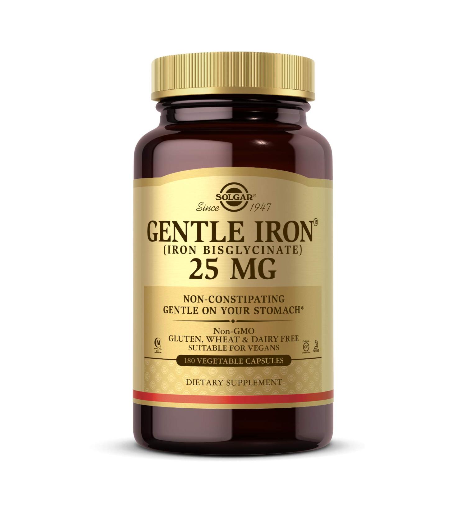 Solgar Gentle Iron 25 mg - 180 Vegetarian Capsules | Boost Energy & Support Health - Buy Online on GoSupps.com
