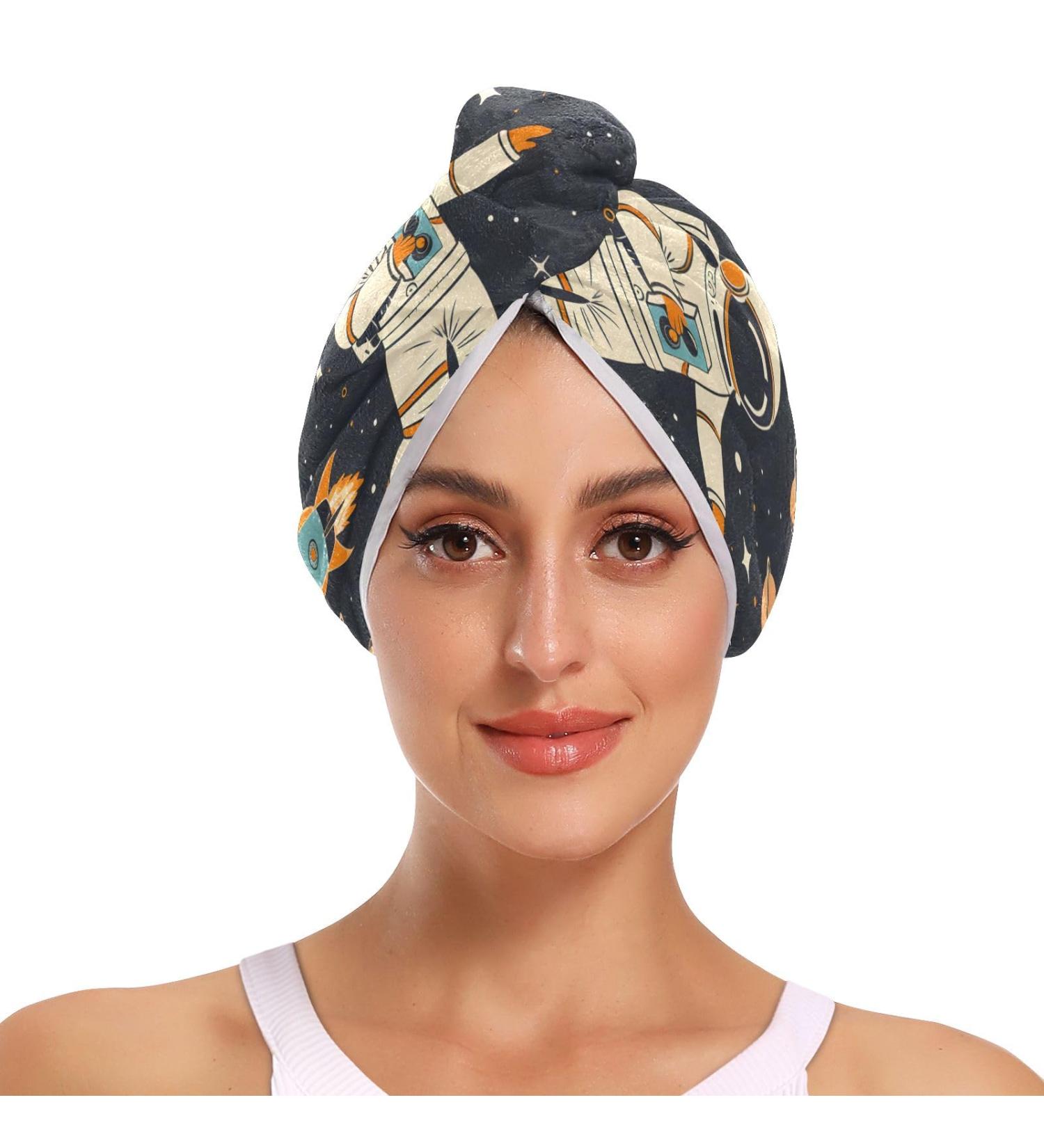 Super Absorbent Astronauts Spaceships Planets Hair Towel 2 Pack - Quick Dry Turbans for Women & Girls - Buy Online on GoSupps.com