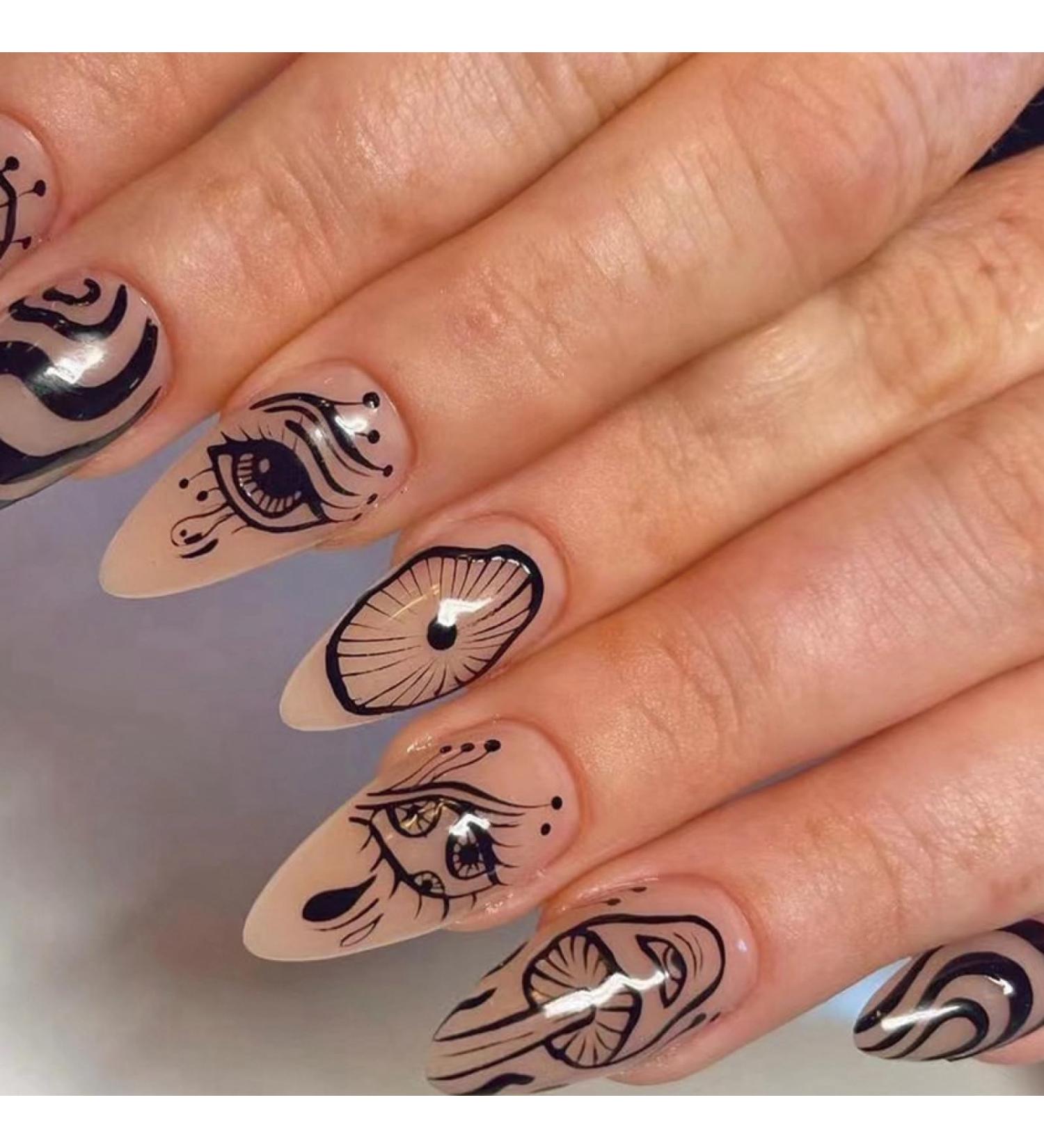 24pcs/Set Long Stiletto Fake Nails Punk Snake Pattern Black White Matte False Nails Artificial Full Nail Tips Manicure Tools B-6