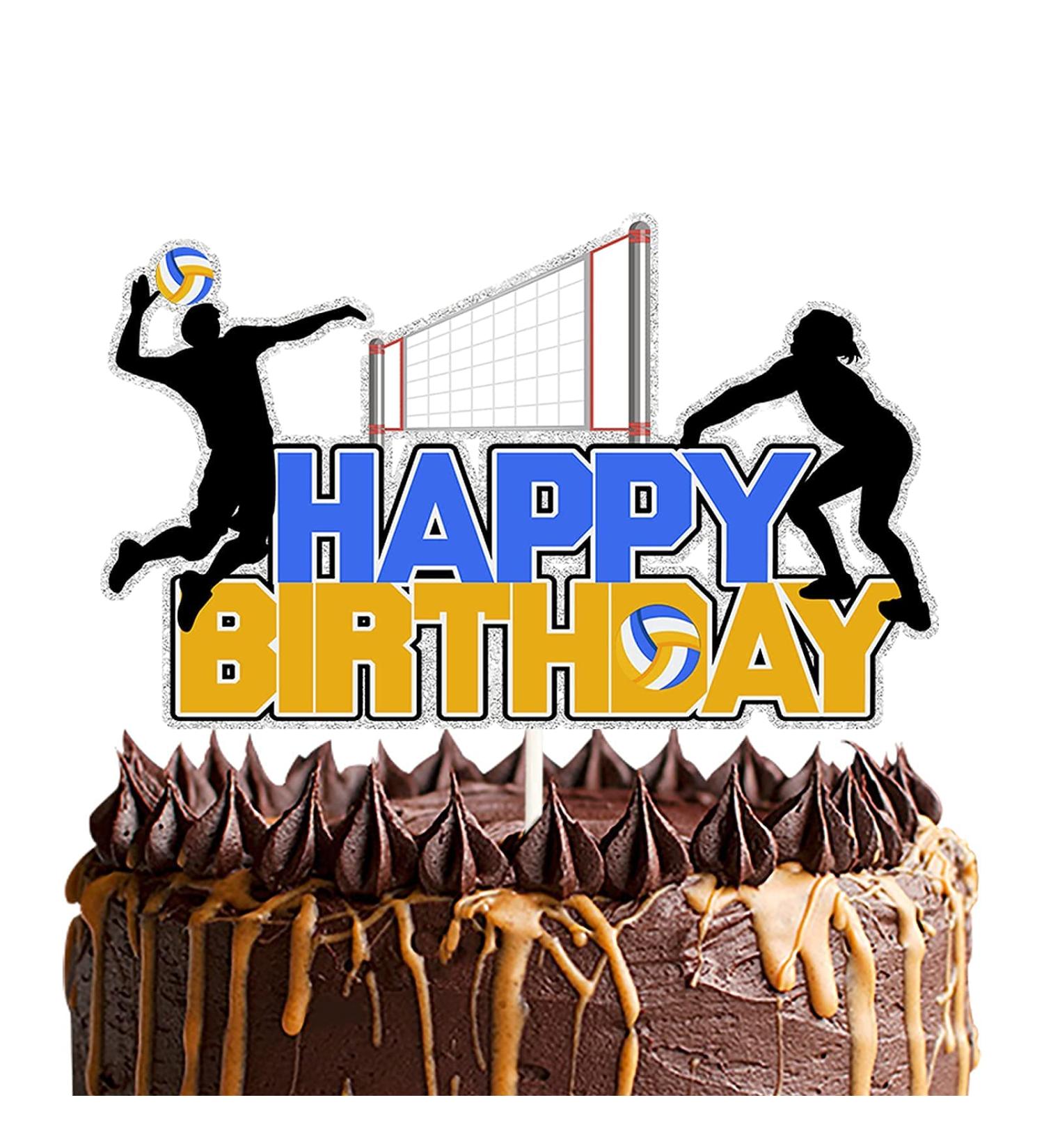 Volleyball Theme HAPPY BIRTHDAY Cake Topper Sport Theme Birthday Anniversary Party Cake Decoration Volleyball Player Sports Sign Cake Decor Blue yellow Print Silver Glitter Edge - Buy Online on GoSupps.com