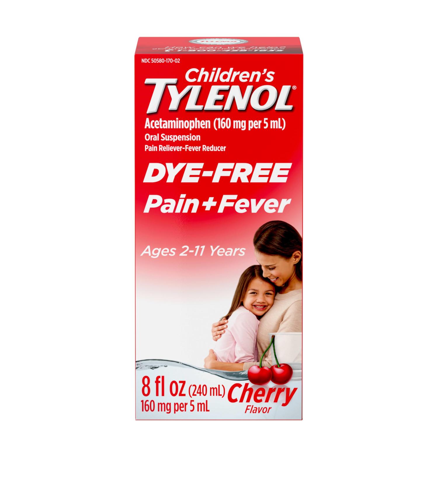 Children's Tylenol Liquid Pain Relief & Fever Medicine Oral Suspension Dye-Free Acetaminophen No Aspirin No Ibuprofen No High Fructose Corn Syrup Cherry Flavor 8 fl. oz. Pack of 1 Cherry Dye Free 8 Ounce - Buy Online on GoSupps.com