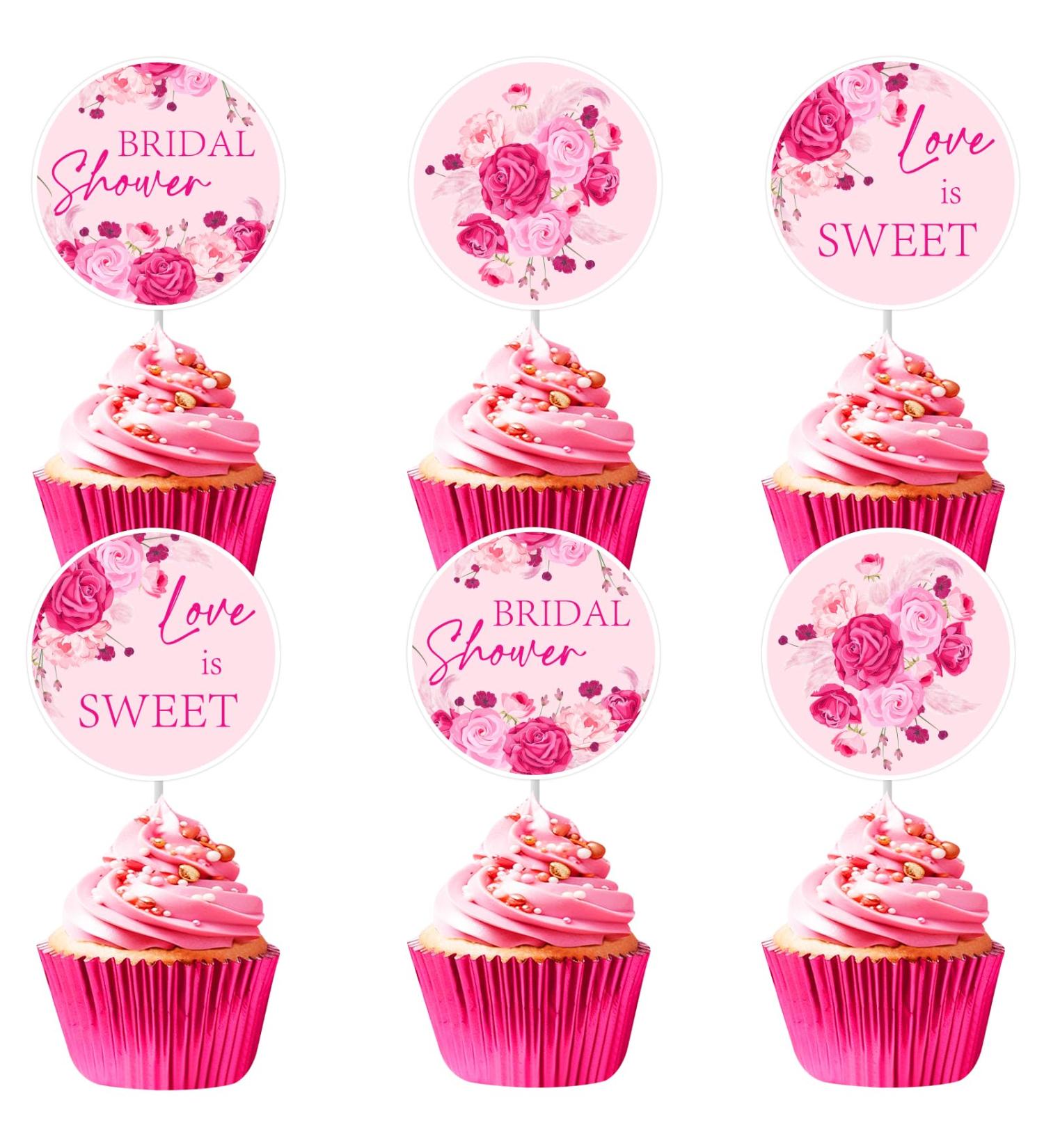 Cheereveal Hot Pink Bridal Shower Decorations - 36 Pack Bridal Shower Cupcake Toppers Love is Sweet Cupcake Dessert Picks Bachelorette Wedding Engagement Party Supplies - Buy Online on GoSupps.com