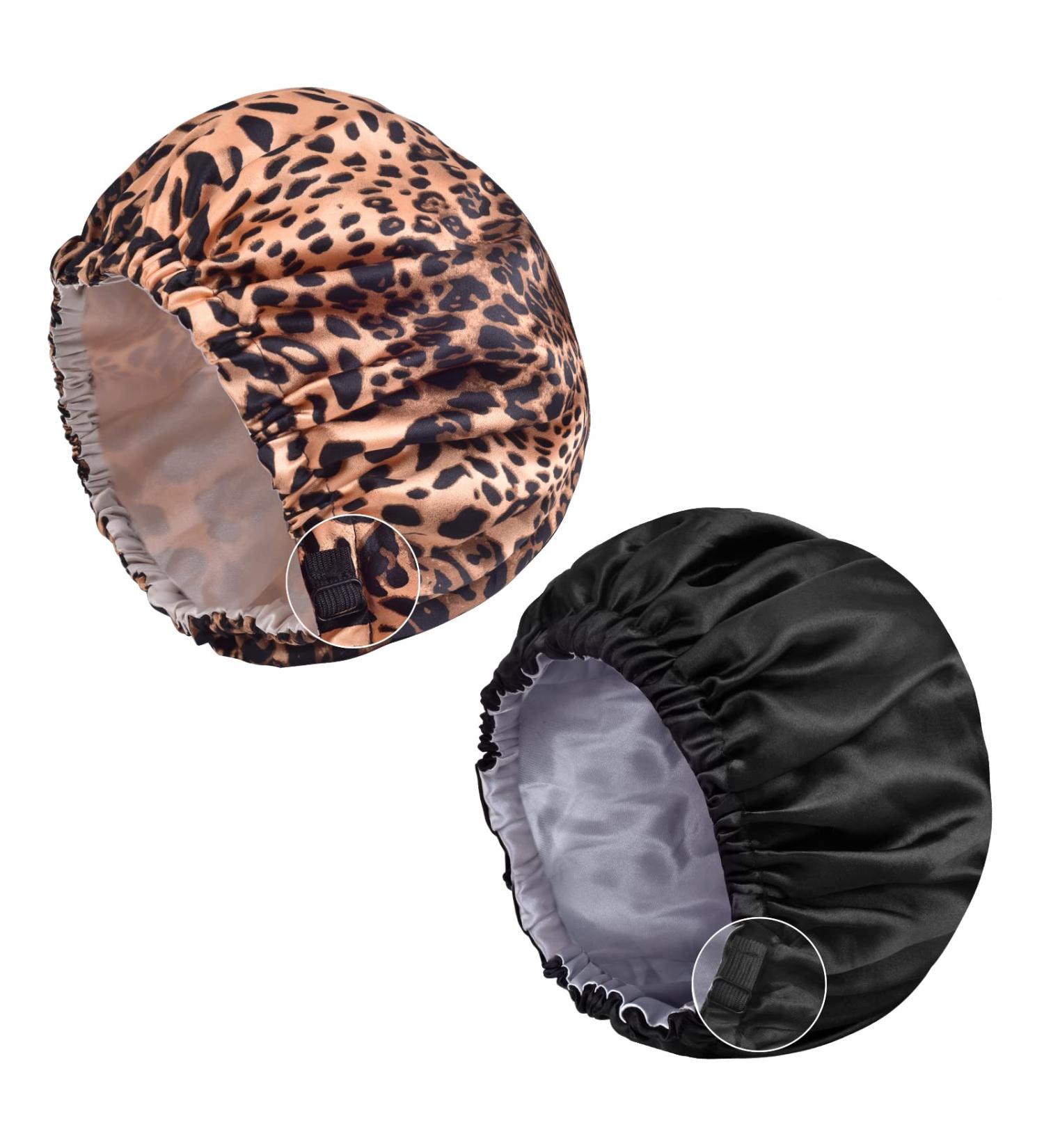 2 PSC Large Satin Bonnet for Women - Adjustable Black Leopard Silk Hair Cap for Night Sleeping - Buy Online on GoSupps.com