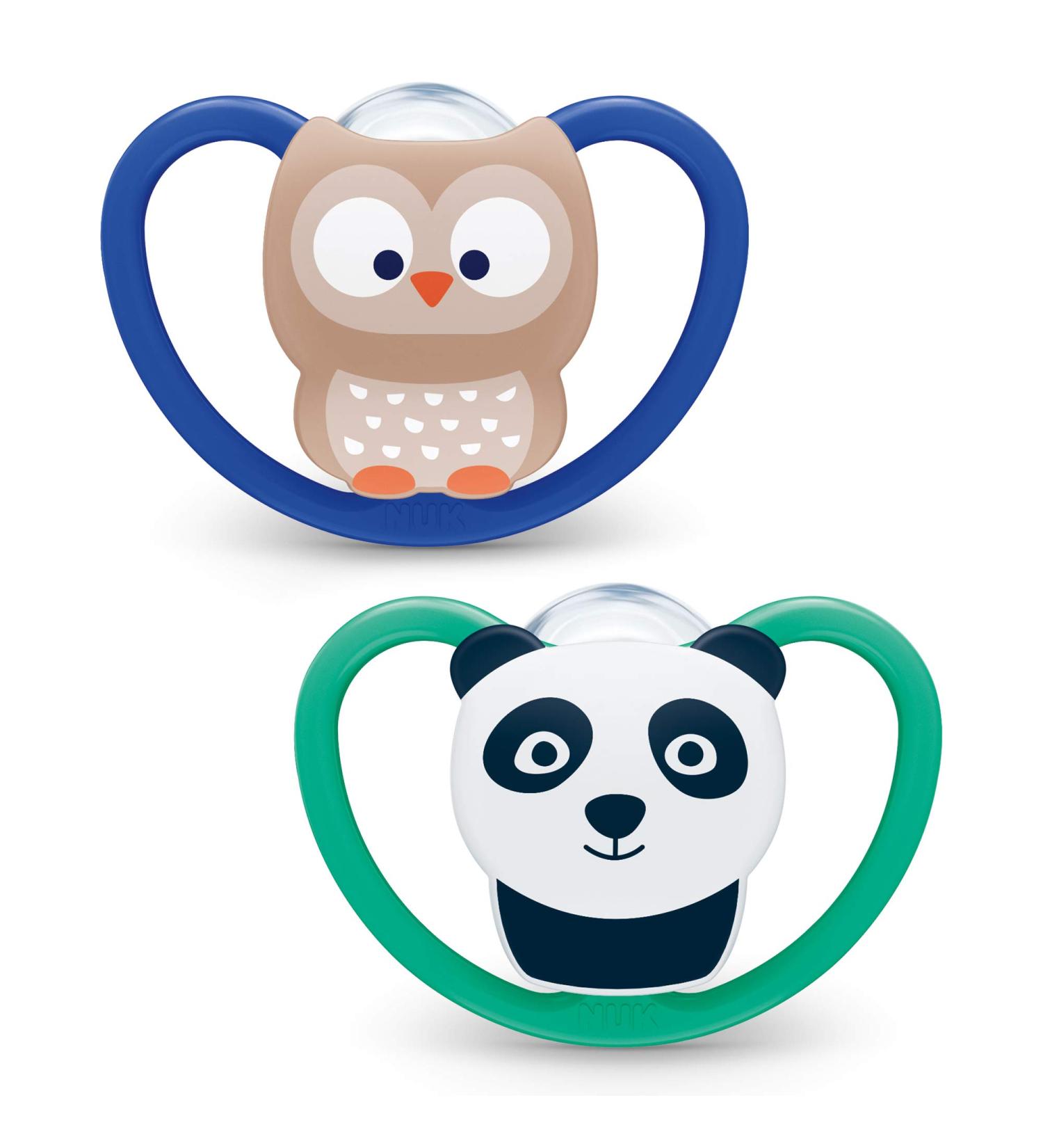 Nuk Space Baby Schnuller | BPA-Free Silicone Pacifier for 6-18 Months | Extra Ventilation | Owl & Panda Design | 2-Pack Standard Blue - Buy Online on GoSupps.com