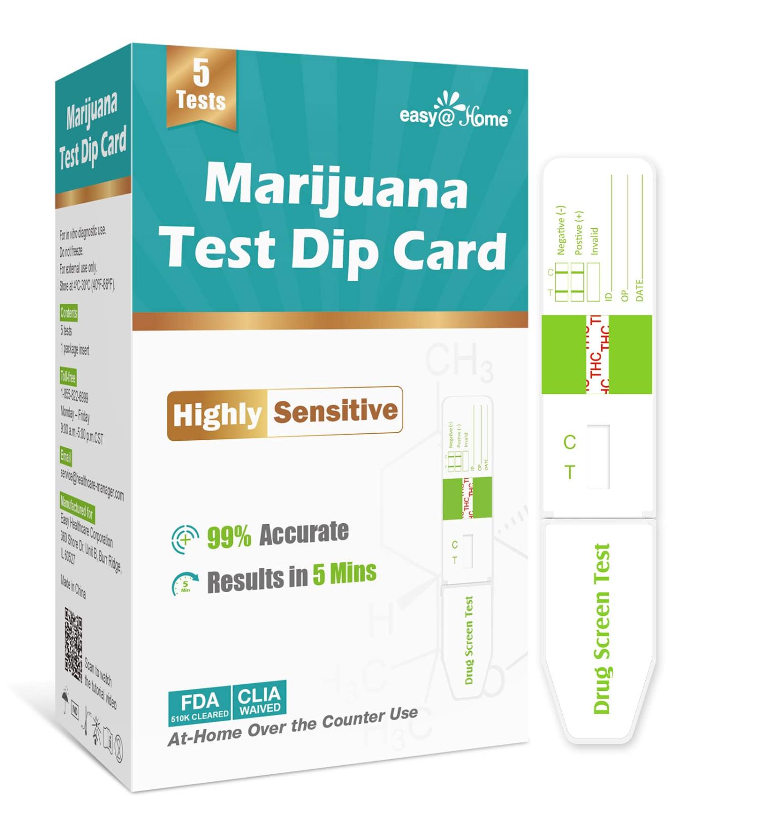 EasyHome Marijuana Test Dip Card - THC Urine Strips Kit for Home Detox - 5 Minute Instant Results - 50ng/mL Cutoff Level - Pack of 5 - Buy Online on GoSupps.com