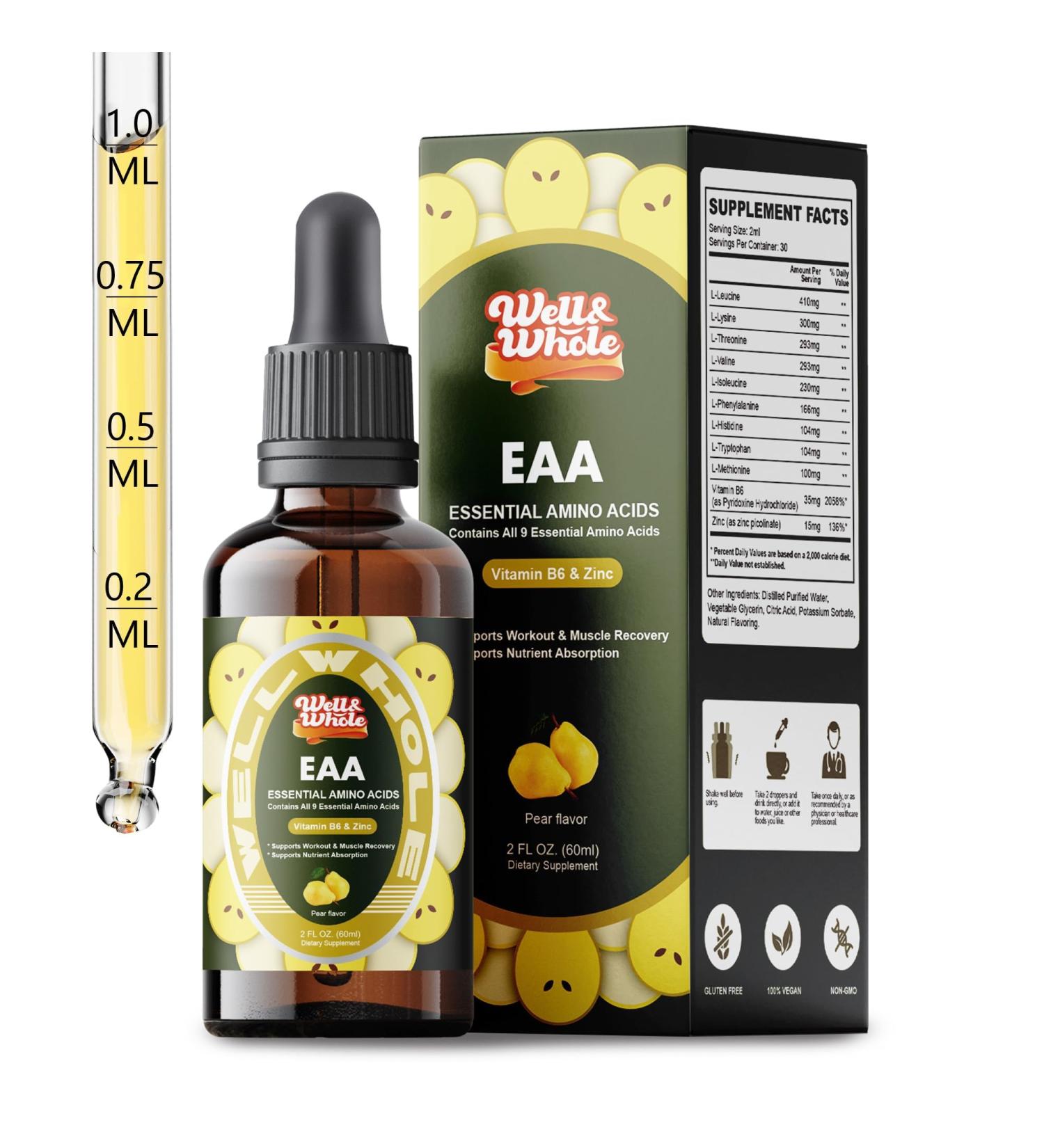 Essential Amino Acid (EAA) Liquid Drops & Liver Support Liquid Supplement | Complete Recovery Formula with Vitamin B6 & Zinc, Muscle & Liver Health, Immune Function, Non-GMO, Vegan-Friendly, 2 Fl Oz - Buy Online on GoSupps.com