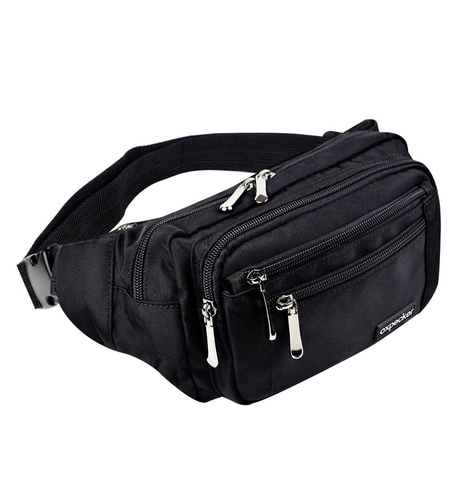 Oxpecker Waterproof Fanny Pack with Rain Cover - Black Hip Bum Bag for Men & Women | Ideal for Workout, Travel, Running, Hiking, Cycling - Buy Online on GoSupps.com