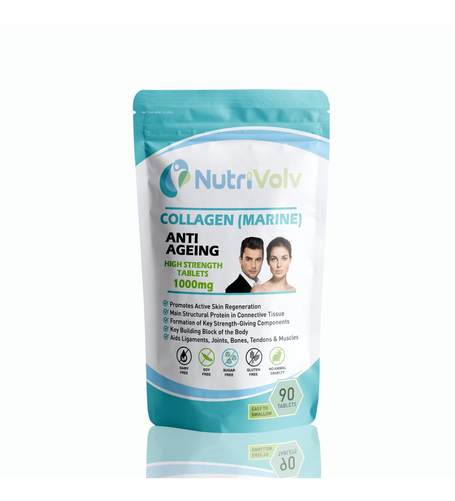 Nutrivolv Collagen Marine (1000mg) Supplement for Skin Anti Ageing Tissue Joints Bones & Muscles | 90 Multivitamin Tablets 90 count (Pack of 1) - Buy Online on GoSupps.com