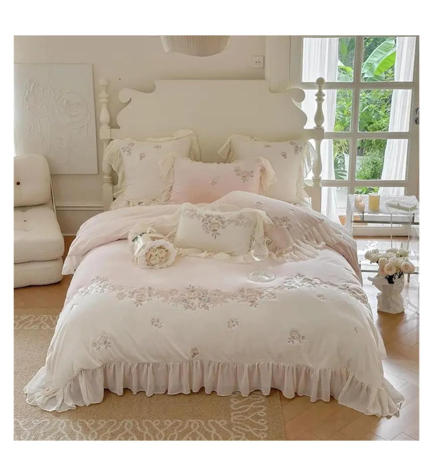 Rose Flowers Embroidery Romantic French Lace Ruffles Bedding Set Plush Warmth Velvet Fleece Duvet Cover Set Bed Sheet Pillowcase Bedding Set (Pink Flat Sheet Style_Queen) - Buy Online on GoSupps.com