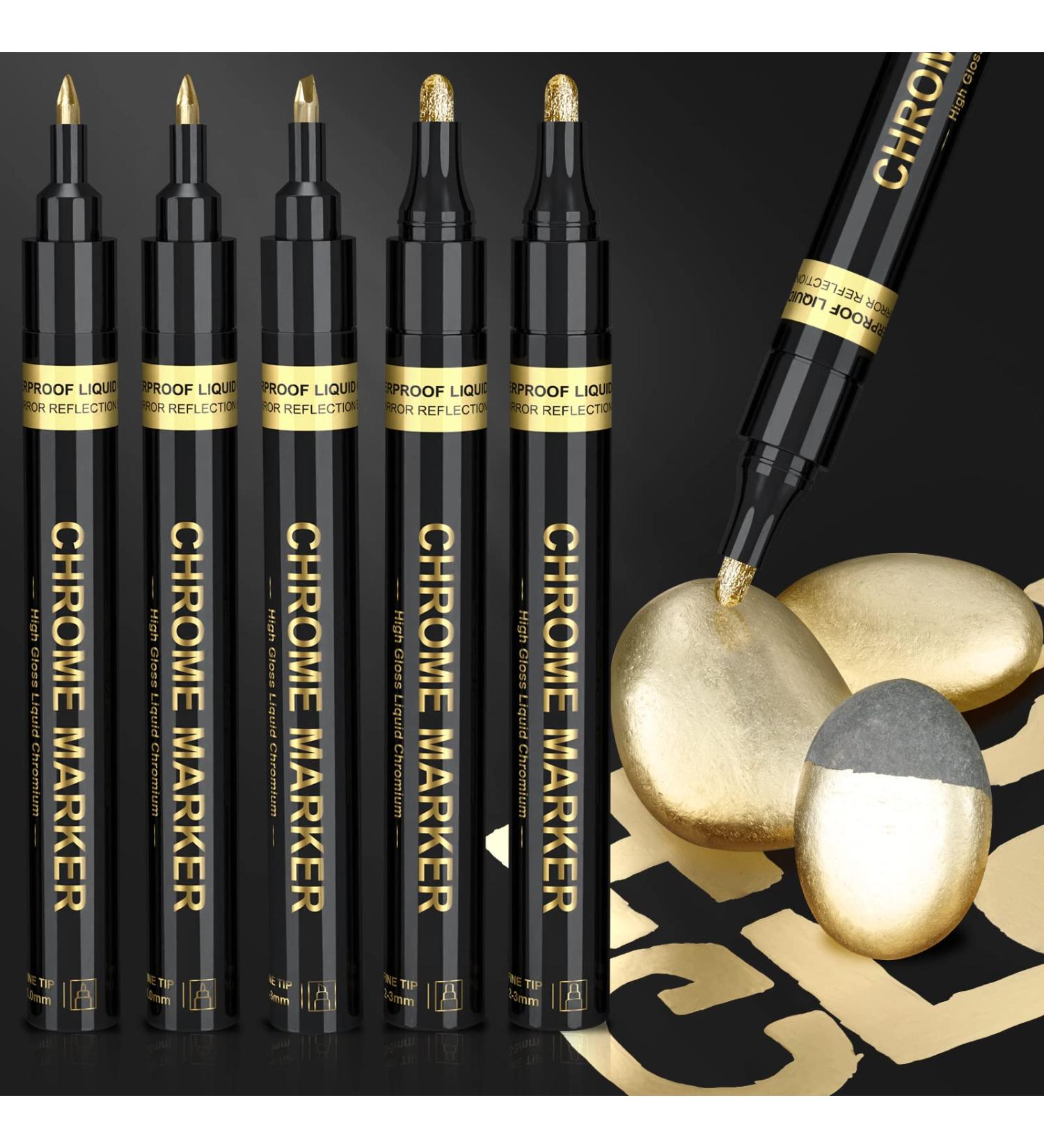 KERIFI Art Liquid Gold Chrome Markers Set - 5 pack 1-3mm Metallic Chrome Marker for Model Rocks Metal Glass Plastic - Permanent Touch Up Repair Paint Pen with Reflective Gloss Finish - Buy Online on GoSupps.com