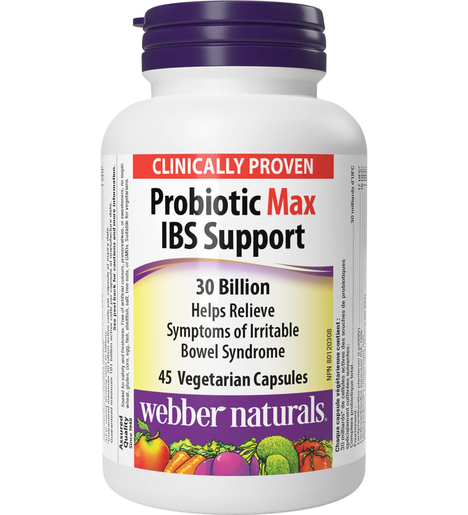 Webber Naturals Probiotic Max IBS Support 30 Billion Active Cells 5 Probiotic Strains 45 Capsules Helps Reduce Symptoms of Irritable Bowel Syndrome Vegetarian SUPPLEMENT - Buy Online on GoSupps.com