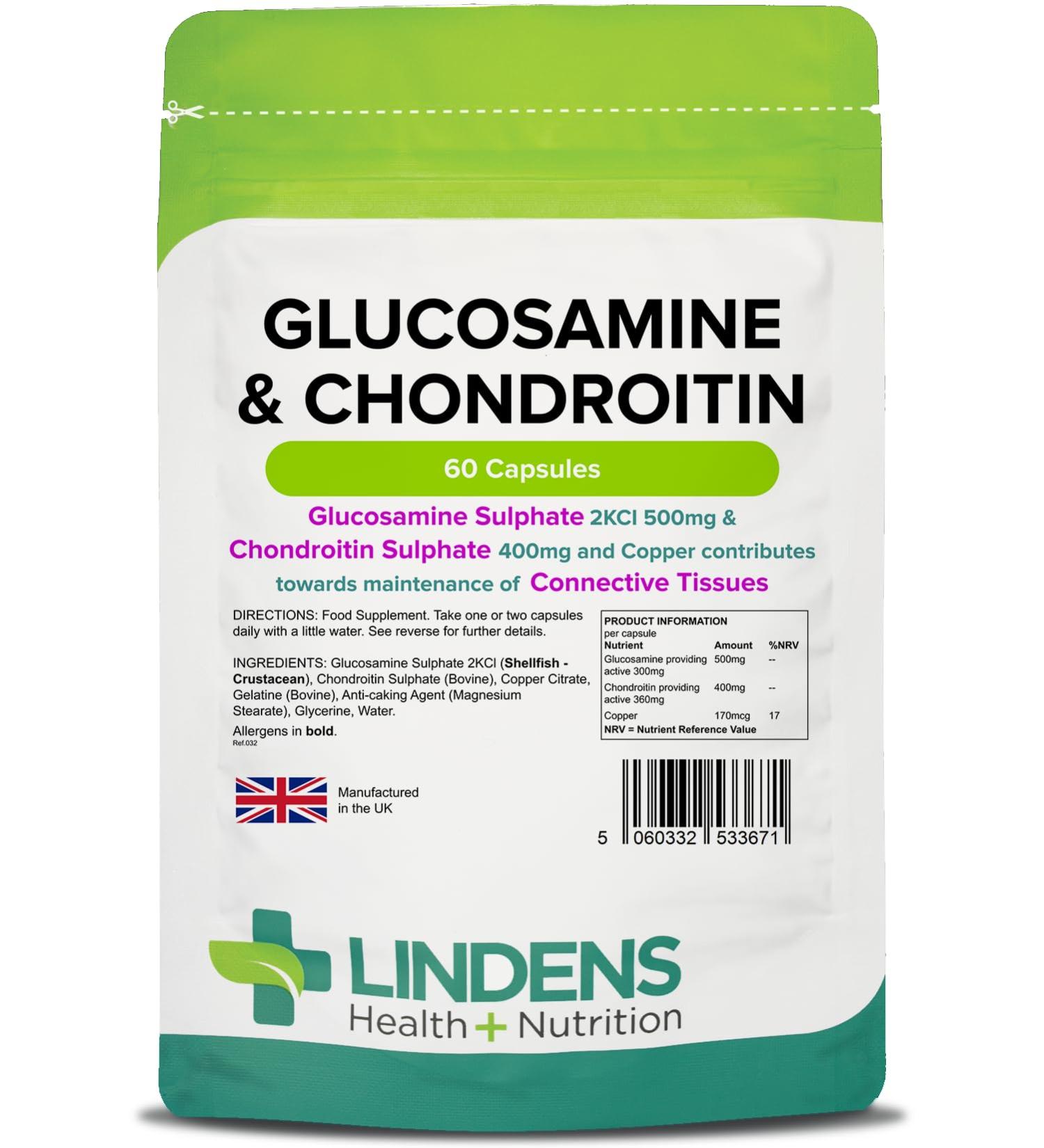  Lindens Lindens Glucosamine and Chondroitin 500/400 Capsules | 60 Pack | Glucosamine Sulfate 2KCl 500 mg and Chondroitin Sulfate - Buy Online on GoSupps.com