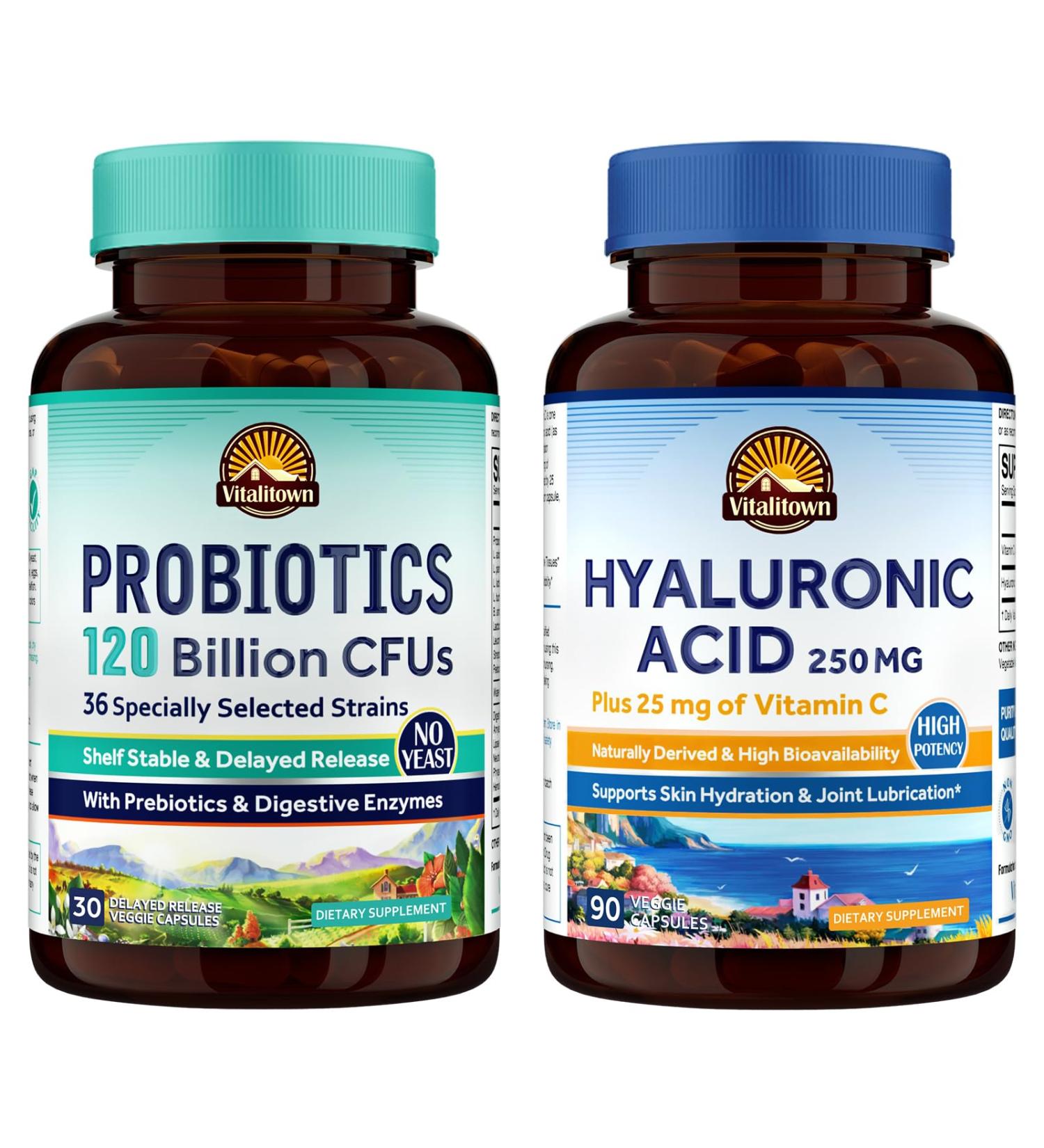 Vitalitown Gut-Skin Bundle (Pack of 2) | Probiotics 120 Billion CFUs (Item 1) & Hyaluronic Acid (Item 2) | 30 + 90 Capsules - Buy Online on GoSupps.com