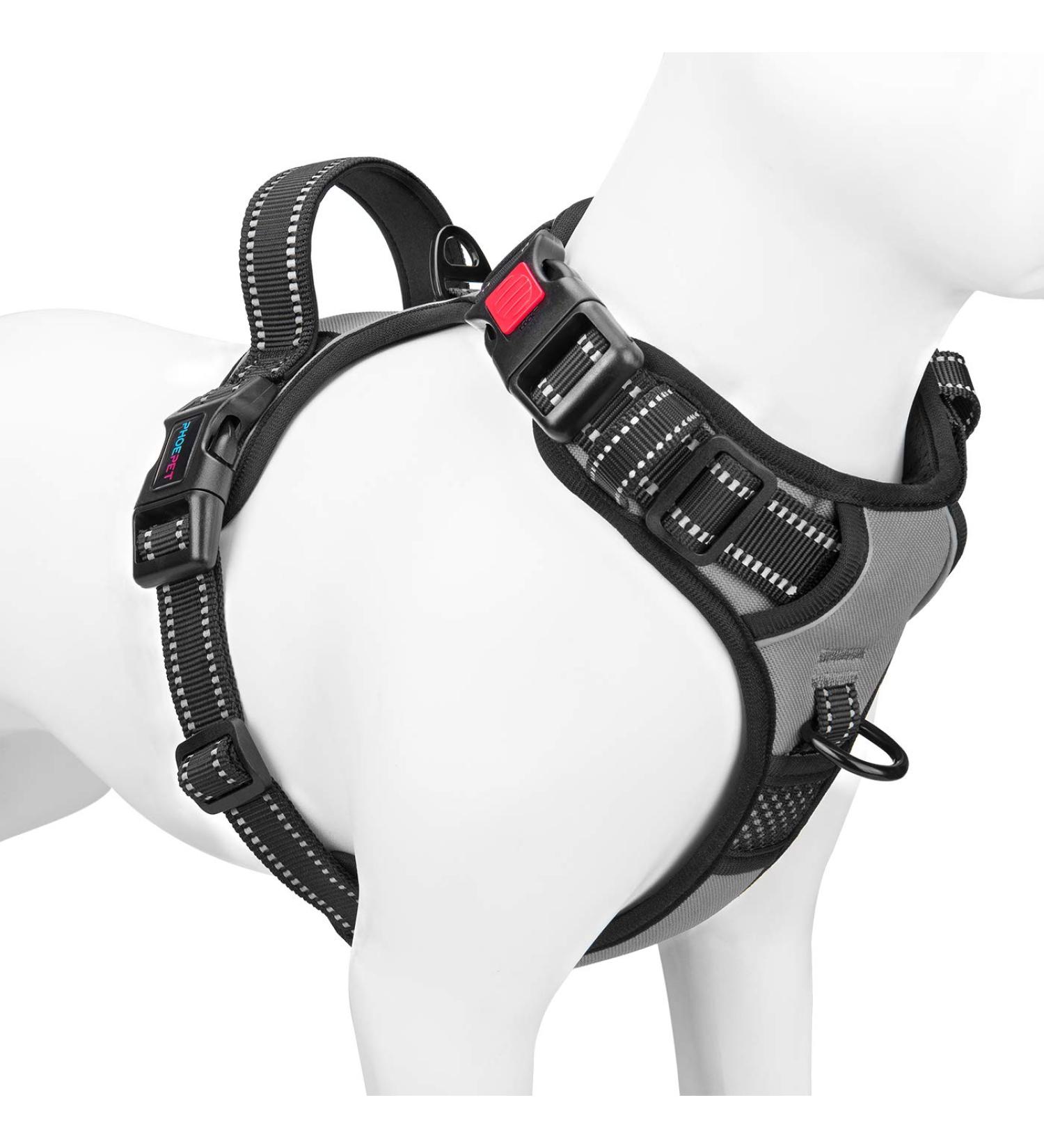 Phoepet Reflective Adjustable Dog Harness - Anti-Educational Training Handle ID Card 2 Metal Hooks Easy Fit - Small Gray Black - Buy Online on GoSupps.com