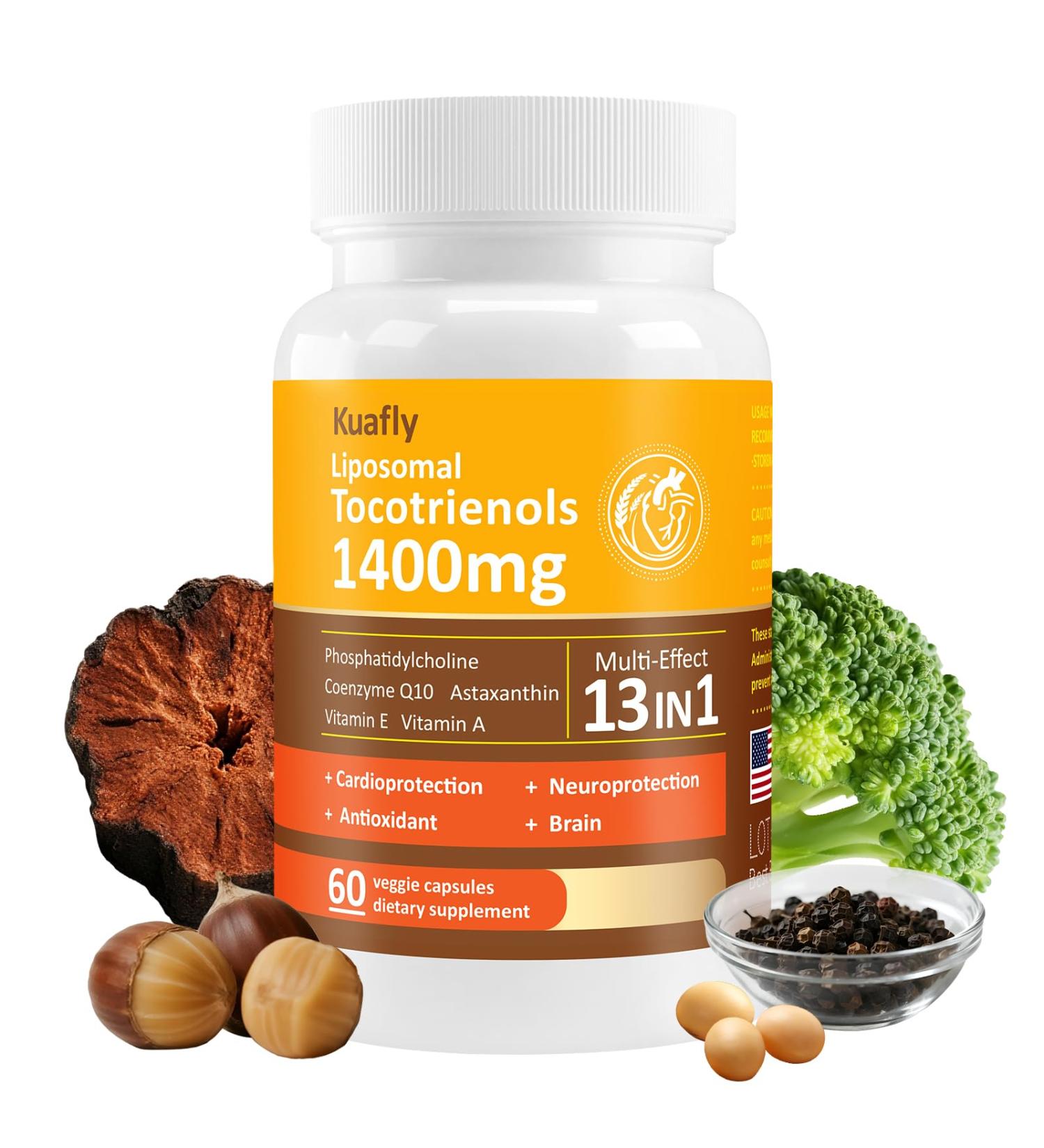 KUAFLY Liposomal Tocotrienols Vitamin E 1400mg - High Potency Vitamin E Tocotrienols with Phosphatidylcholine Astaxanthin 60 Capsules - Buy Online on GoSupps.com