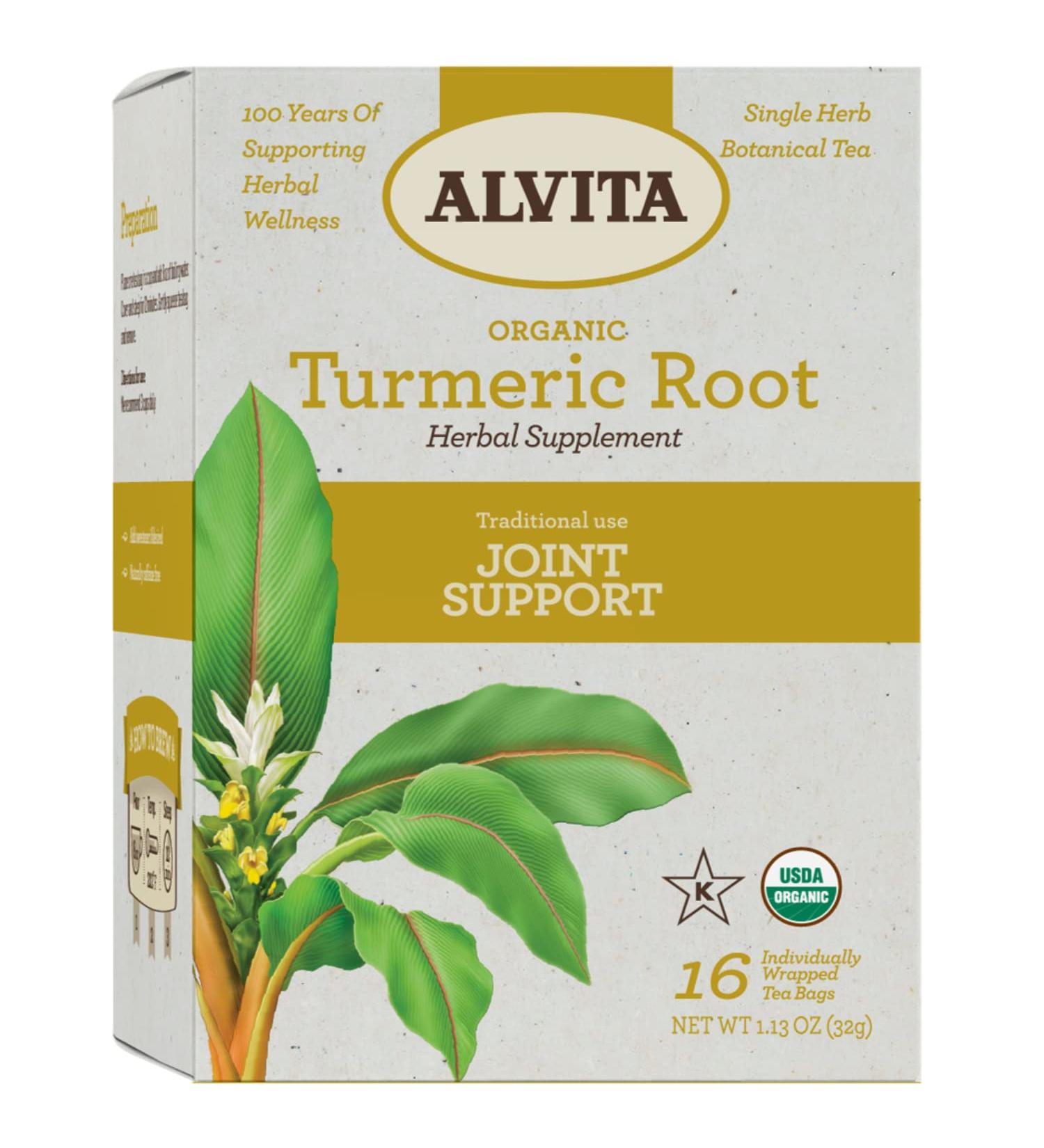 ALVITA Organic Turmeric Root Tea Herbal Organic Turmeric Detoxify Tea Turmeric Tea Bags for Inflammation Relief Immunity Boost Digestive Tea 16 Tea Bags - Buy Online on GoSupps.com