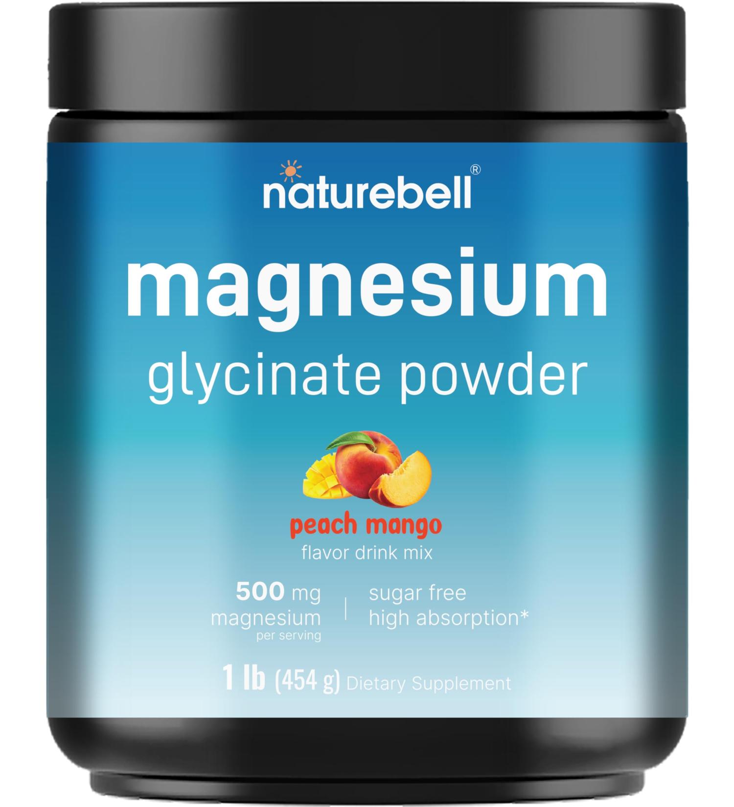 NatureBell Magnesium Glycinate Powder 500mg 1lb (16oz) | 100% Chelated for High Absorption | Peach Mango Flavor | Supports Muscle Bone & Heart Health | Sugar-Free Bitterless Non-GMO Vegan - Buy Online on GoSupps.com