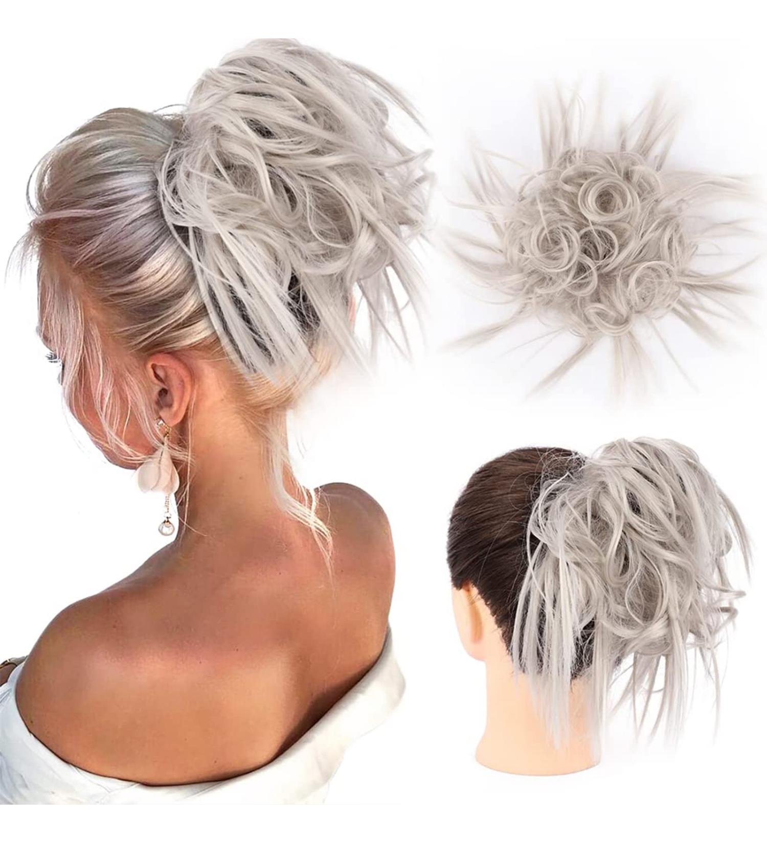 Tousled Updo Messy Bun Hairpiece - Silver Grey Synthetic Ponytail Extension - Buy Online on GoSupps.com