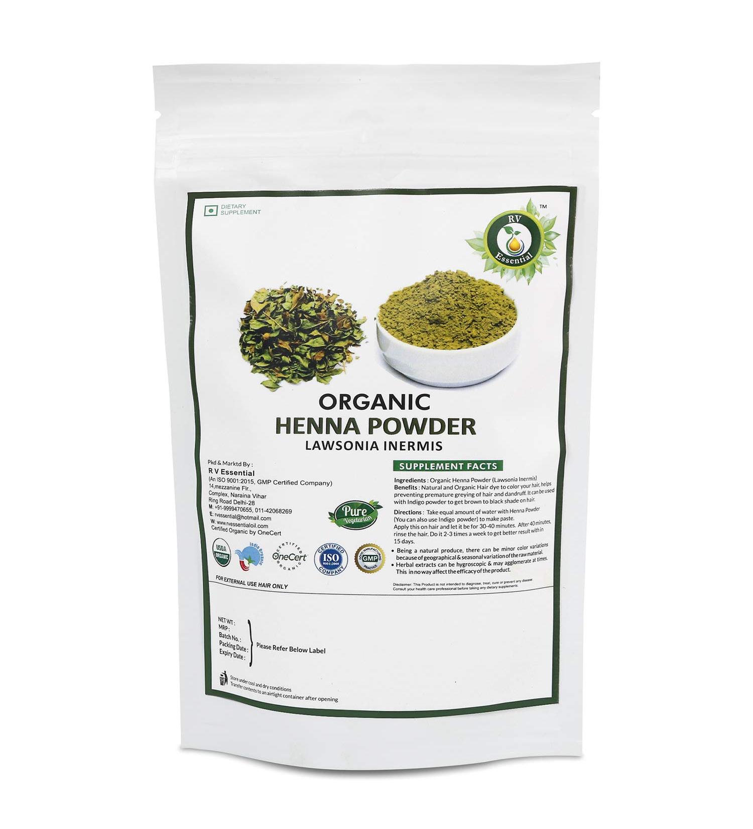 R V Essential Organic Henna Powder 200gm/ 7.05oz/ 0.44lb- Lawsonia Inermis Natural Henna Leaf Powder For Hair USDA Organic Certified Ayurvedic Supplement in Resealable and Reusable Zip Lock Pouch