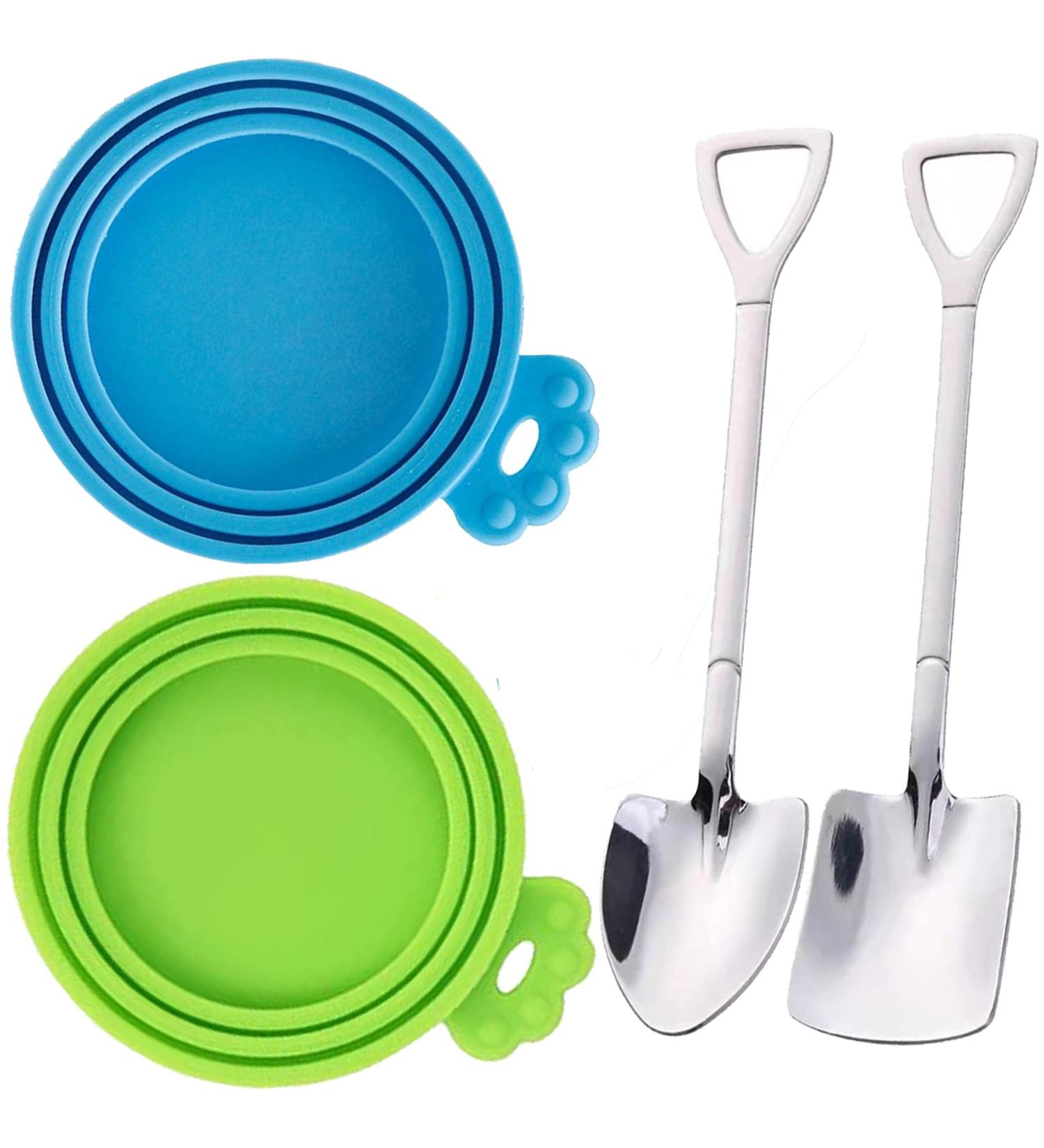 Universal Silicon Can Lid for Dog Food 2 Pack with Stainless Steel Spoon - Blue/Green - Buy Online on GoSupps.com