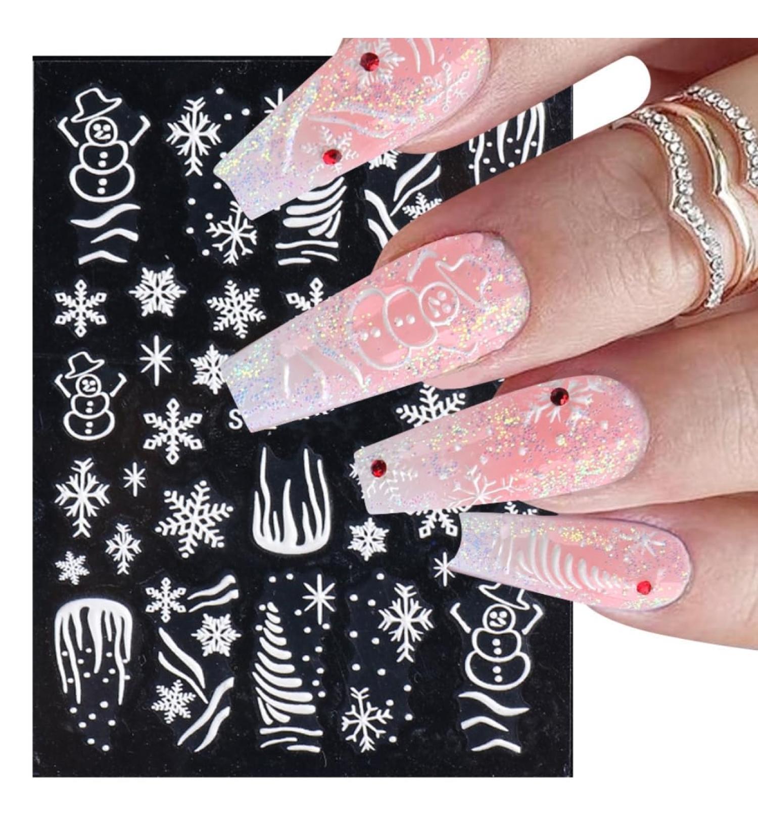 4 Sheets Nail Sticker Decals White Snowflakes Lace Lattice Elk Christmas Tree Heart Winter Design Full over Self-adhesive Nail 5D Embossed French Press on Nails for Women Girls DIY Nail Art Decoration - Buy Online on GoSupps.com