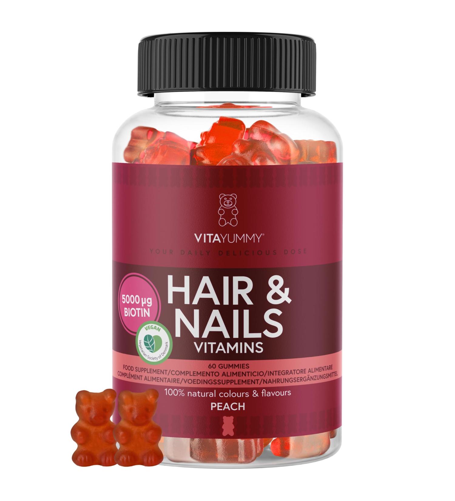 VitaYummy Vitamin Gums for Hair and Nails Peach Flavor - With Vitamin C Vitamin D Zinc and a High Dose of Biotin (5000 g) - 60 Hair Candy - Buy Online on GoSupps.com