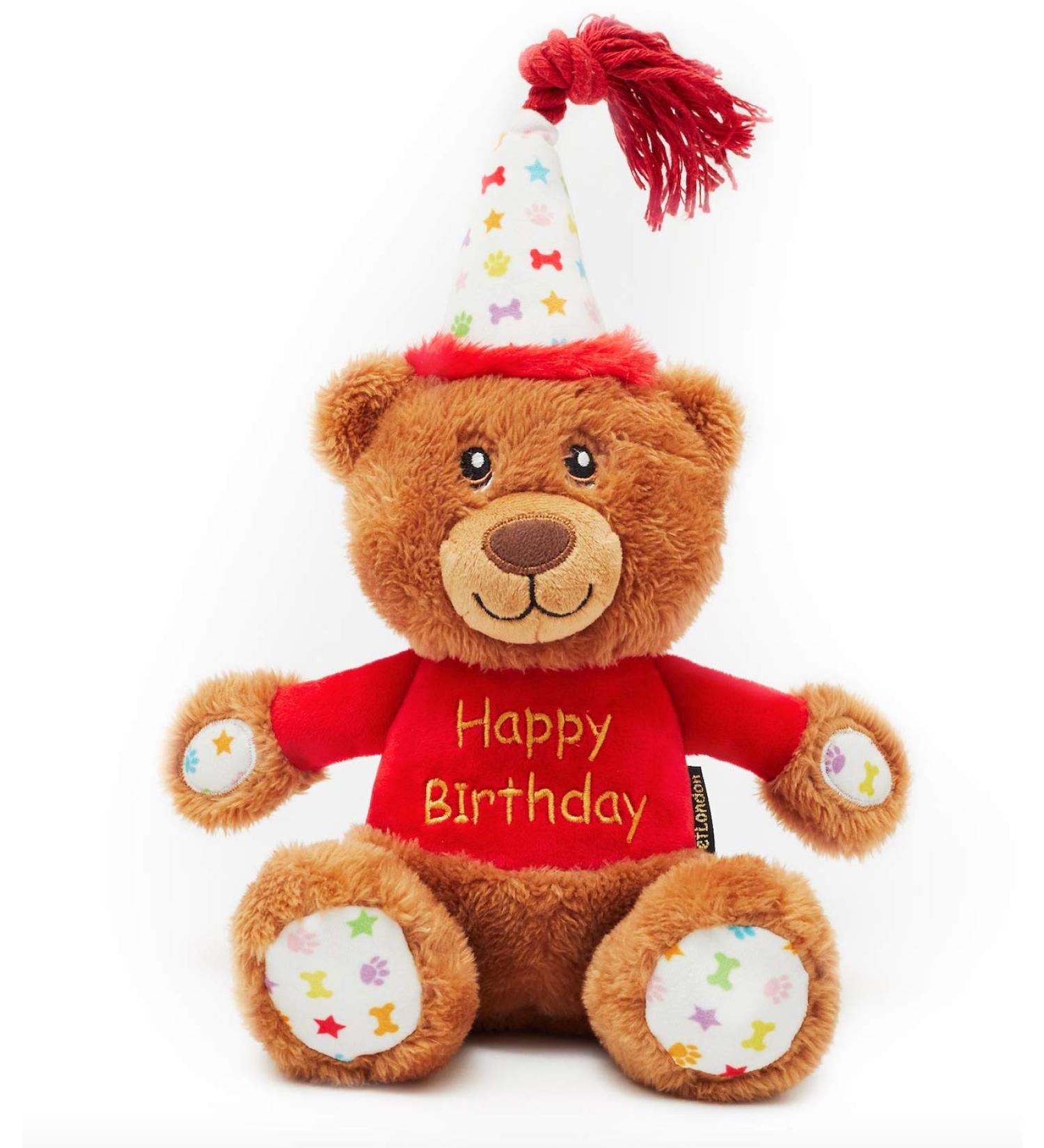 PET LONDON Happy Birthday Bear Dog Toy - Present to Celebrate Dog's Bday or Adoption - Soft Plush Teddy Gift for Dog or Pup with Embroidered Birthday Message Squeaky Stylish Great Animal Gift - Buy Online on GoSupps.com
