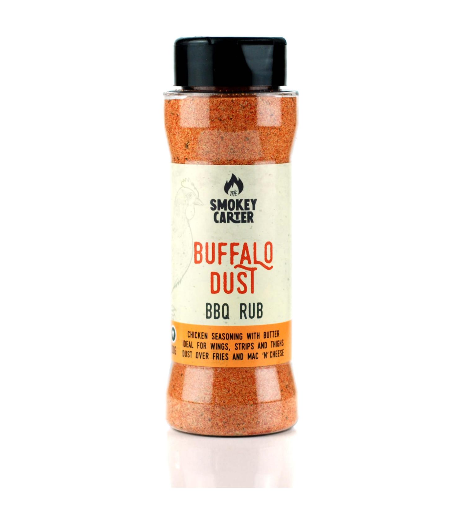Buffalo Dust BBQ Rub Shaker | The Smokey Carter | Tangy Buffalo seasoning with butter ideal for wings strips and thighs. | Great on chicken wings - Buy Online on GoSupps.com