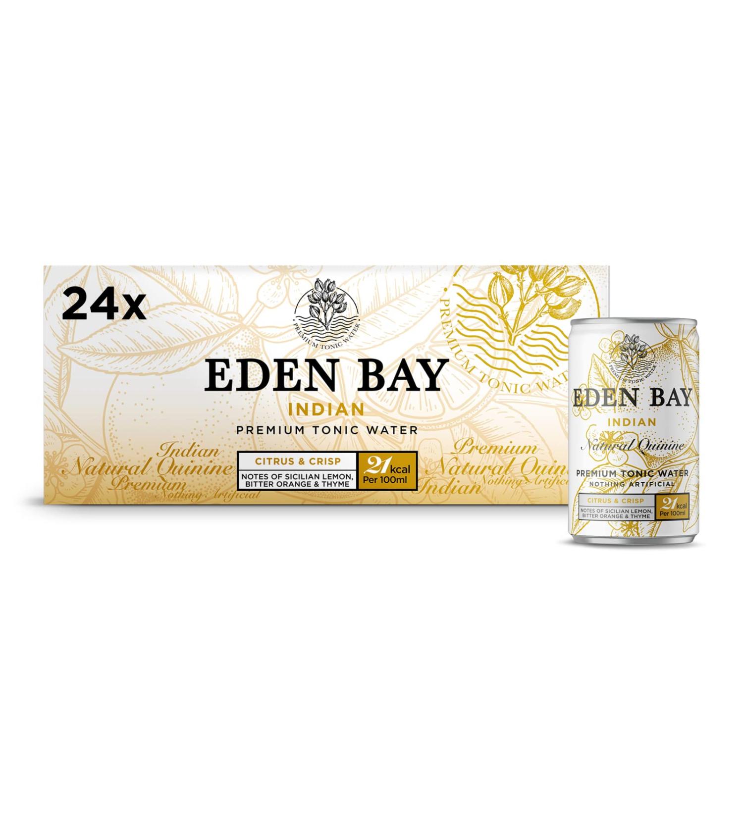 Eden Bay Premium Indian Tonic Water | 24 x 150ml Cans | Low Calorie Mixer with Great Taste | 100% Natural Ingredients | Ideal for Premium Gin & Tonic - Buy Online on GoSupps.com