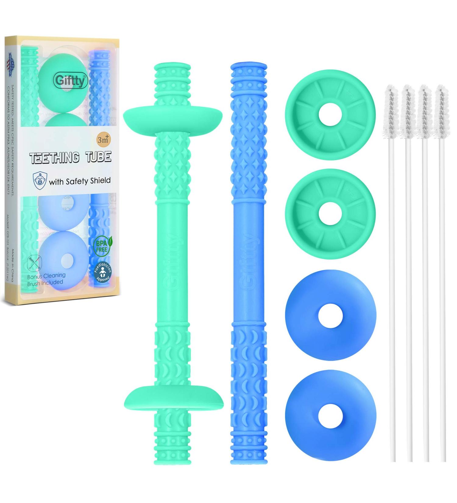 Teething Tube with Safety Shield Baby Hollow Teether Sensory Toys Gum Massager  Food-Grade Silicone for Infant 3-12 Months Boys Girls  1 Pair with 4 Cleaning Brush Included (Emerald+Blue) Emerald+Gray - Buy Online on GoSupps.com