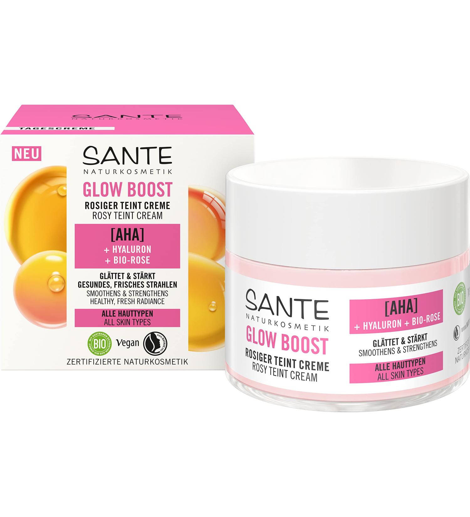 SANTE Naturkosmetik Glow Boost Pink complexion cream with AHA hyaluron and organic rose nourishing day cream for smooth and radiant skin for an immediately rosy fresh glow 50 ml - Buy Online on GoSupps.com