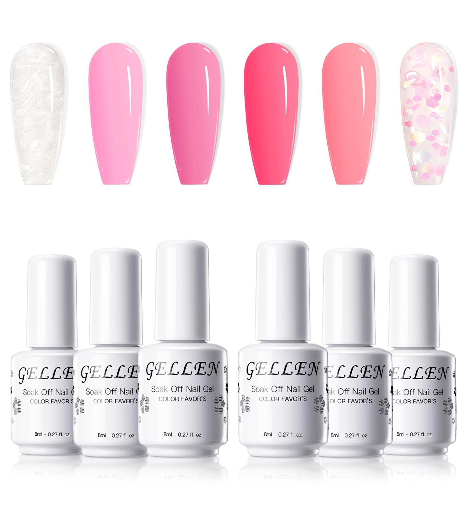 Gellen Gel Nail Polish Kit - 6 Stunning Shades Hot Baby Pink Glittering Pink Shimmer White Mermaid Pearl Shell Gel Polish Set Thread Effect Soak Off Gel Holiday Gifts for Women Pretty in Pink - Buy Online on GoSupps.com