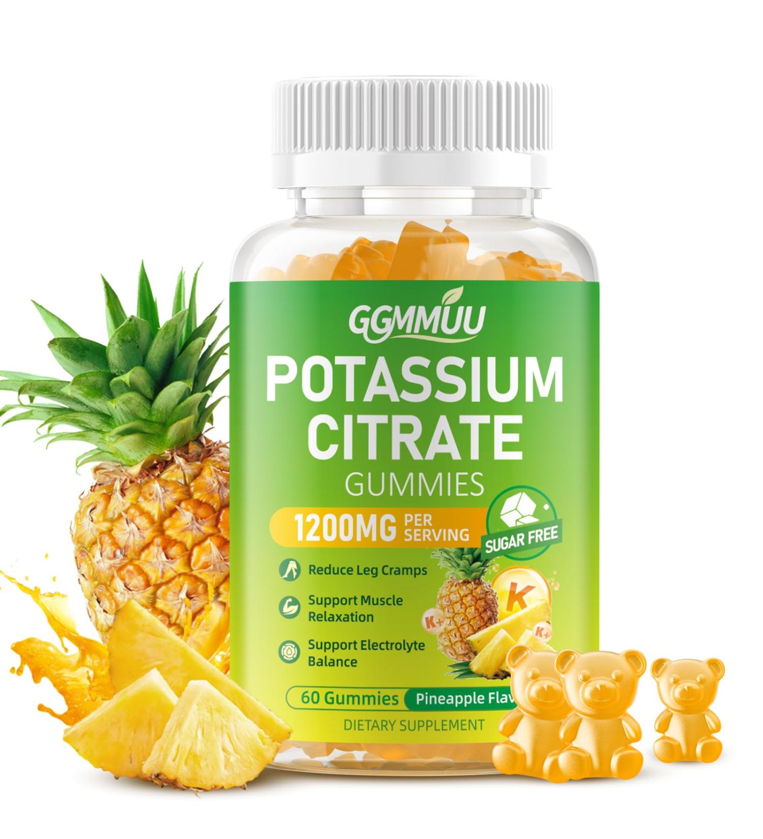GGMMUU Potassium Citrate Gummies 1200mg Chewable Potassium Supplement for Adults & Kids - Supports Muscle Health Leg Cramps & Electrolyte Balance Sugar-Free Vegan Pineapple Flavor 60 Count - Buy Online on GoSupps.com