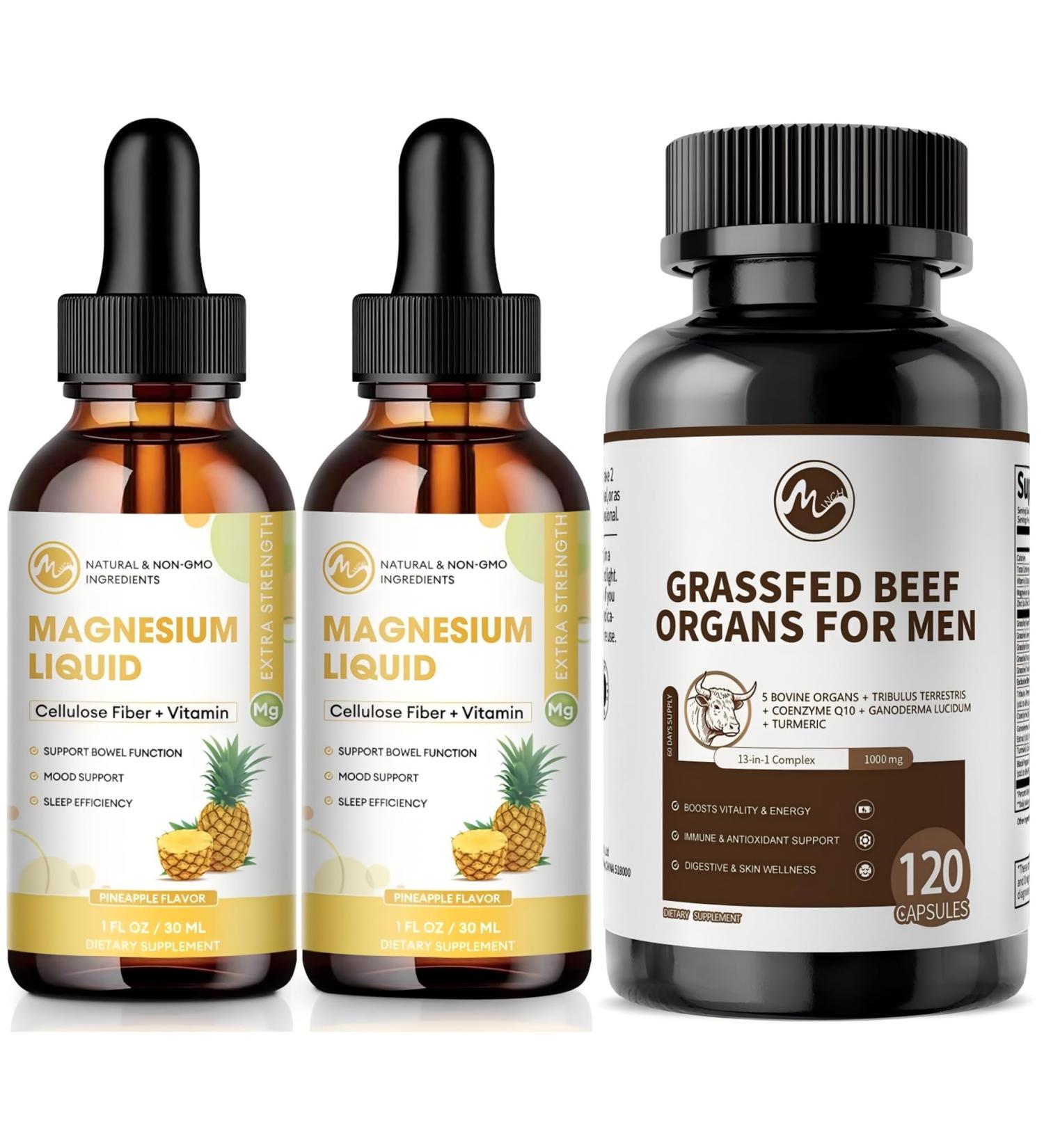 M inch Magnesium Glycinate Liquid High Absorption Magnesium Liquid Drops with Cellulose Fiber Bromelain Vitamin B6 C D Zinc & Beef Organs Supplement for Men Beef Liver Kidney Heart Pancreas
