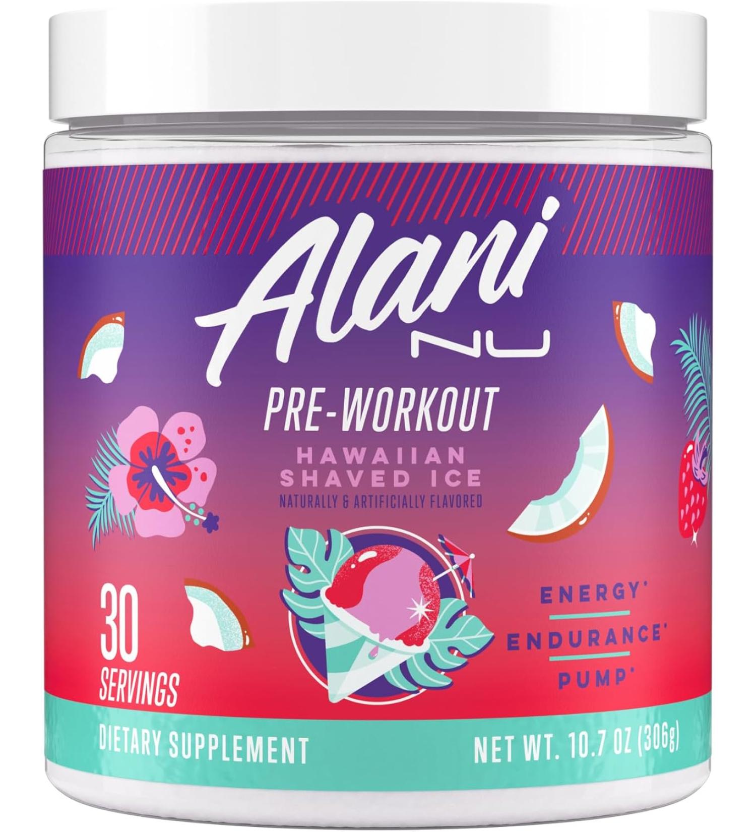 Alani Nu Hawaiian Shaved Ice Pre Workout Powder | Energy & Endurance Supplement with 200mg Caffeine & Amino Acids for Pump | Sugar Free Formula | 30 Servings - Buy Online on GoSupps.com