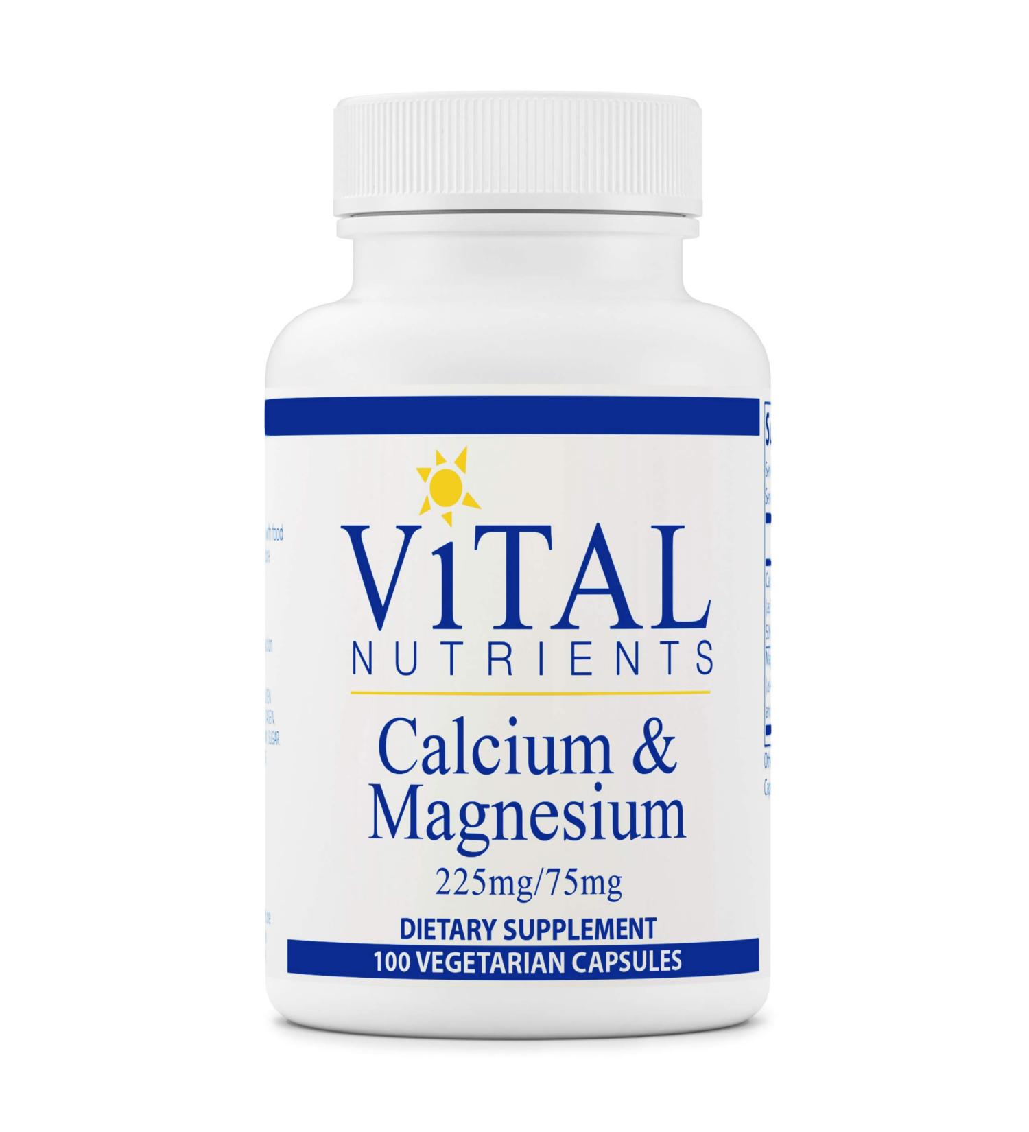 Vital Nutrients Calcium and Magnesium Capsules - Cardiovascular, Muscle, and Bone Support - 100 Vegetarian Capsules - 225mg/75mg - Buy Online on GoSupps.com