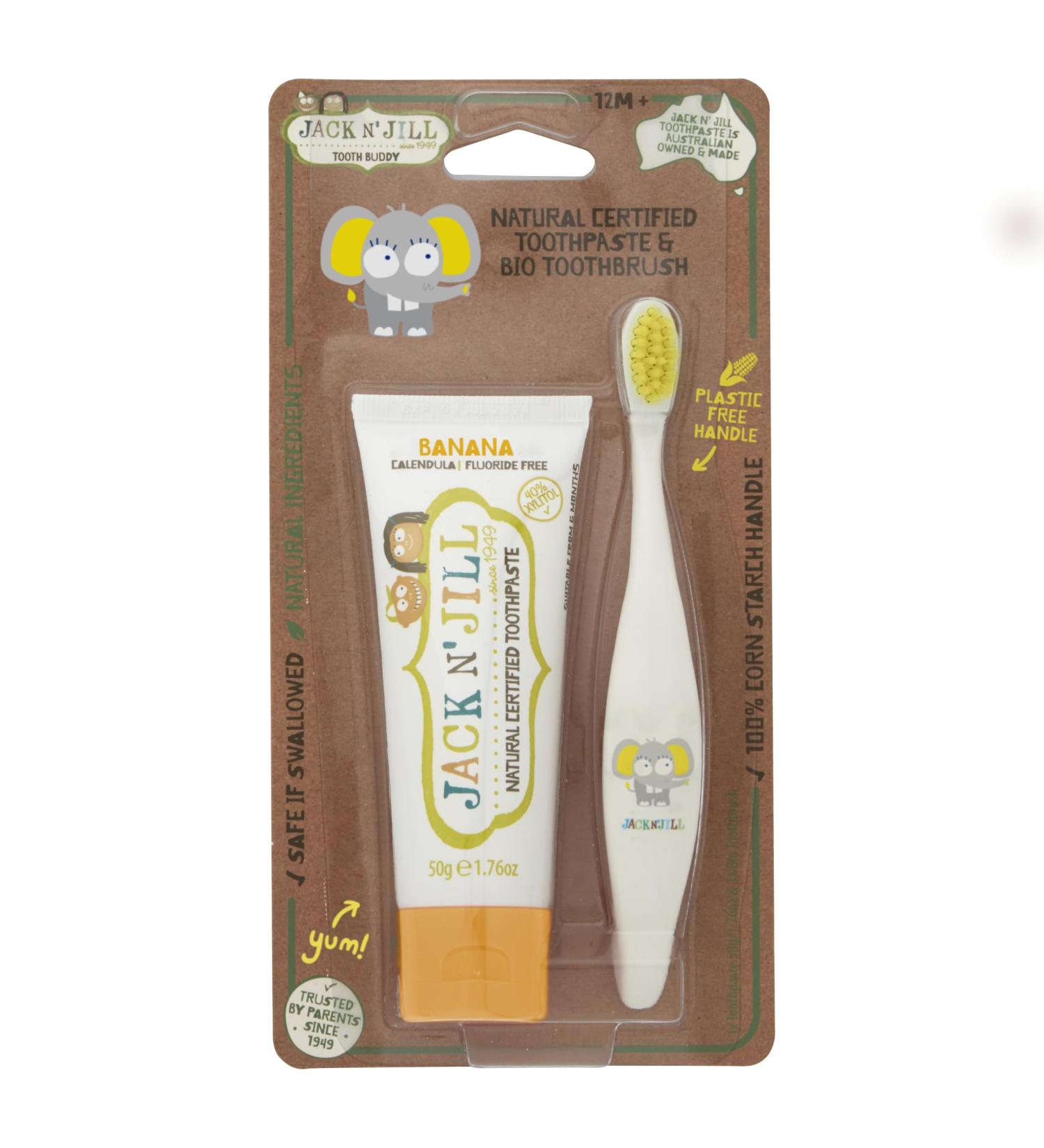 Jack N' Jill Tooth Buddy Banana Toothpaste and Toothbrush Set Natural and Fluoride Free Toothpaste to Help Soothe Gums and Fight Tooth Decay Ellie The Elephant