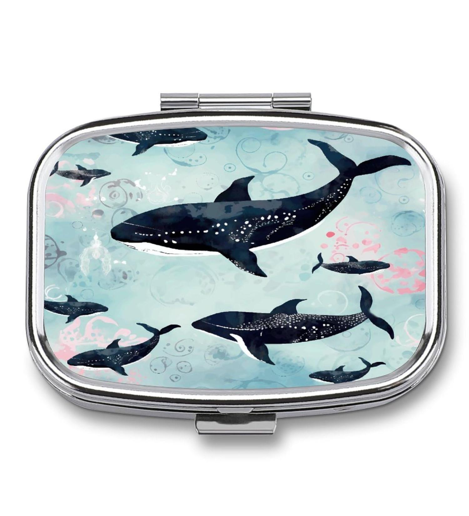 Whale Print Pill Box - 2 Compartment Portable Pill Organizer | Decorative Metal Medicine Case for Pocket & Purse - Buy Online on GoSupps.com
