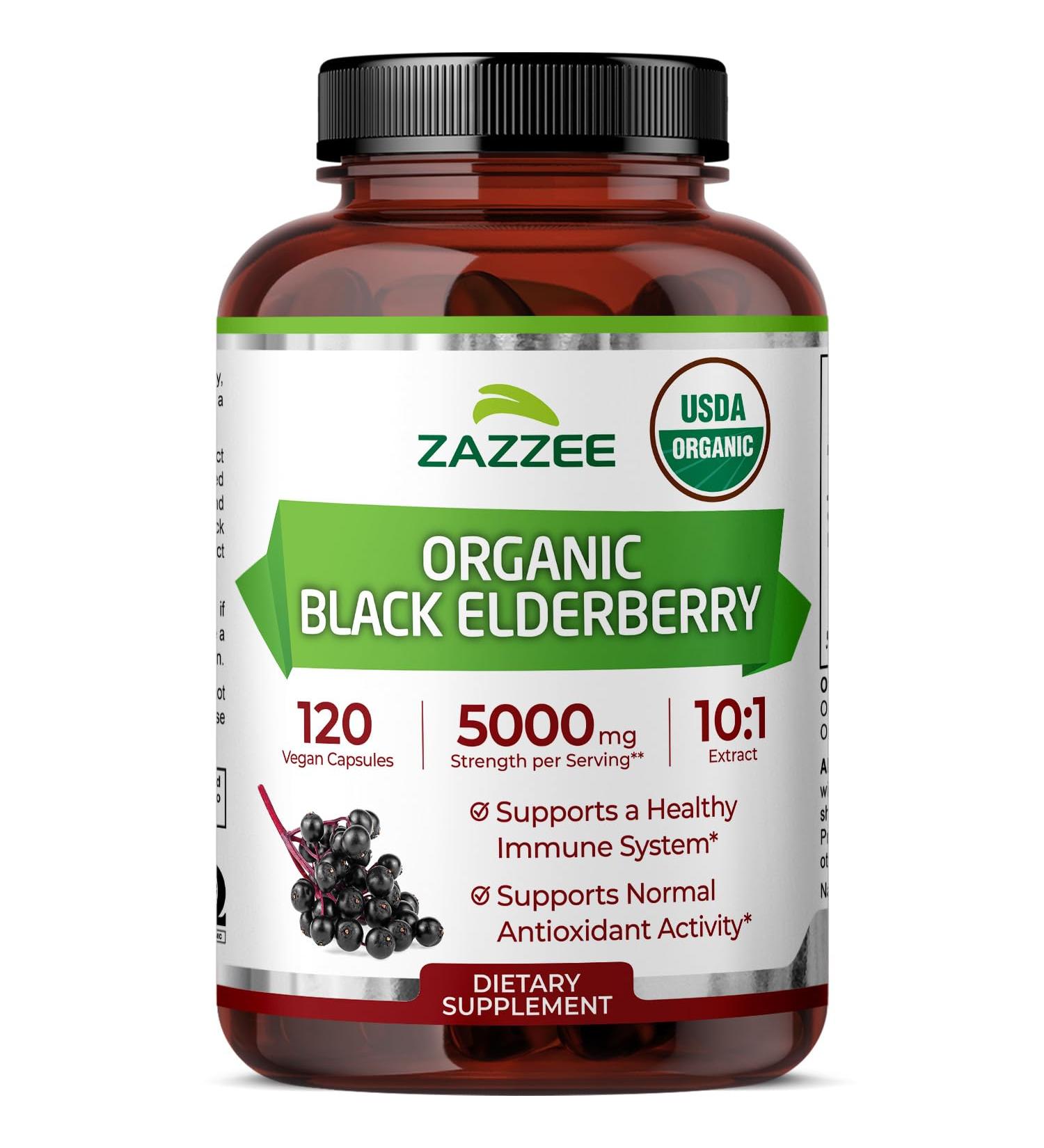 Zazzee USDA Organic Black Elderberry 10:1 Extract 5000 mg Strength 120 Vegan Capsules 2 Month Supply Standardized Concentrated 10X Extract 100% Vegetarian All-Natural Non-GMO Made in The USA - Buy Online on GoSupps.com