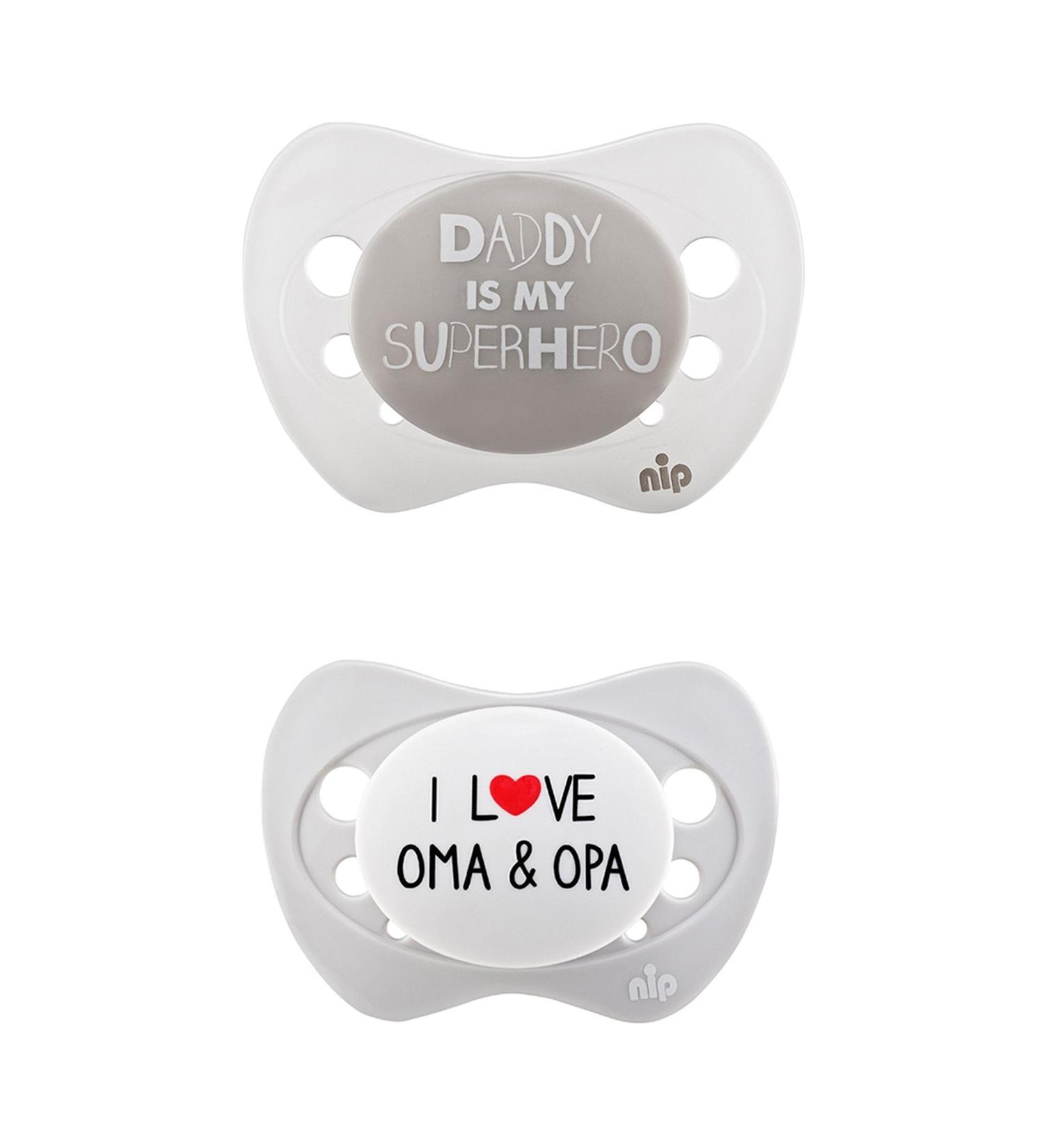 Limited Edition Nip Pacifier Set for Dads Grandmas & Grandpas - 2 Silicone Pacifiers with Protective Cap Size 1 - Ideal for International Shipping - Buy Online on GoSupps.com