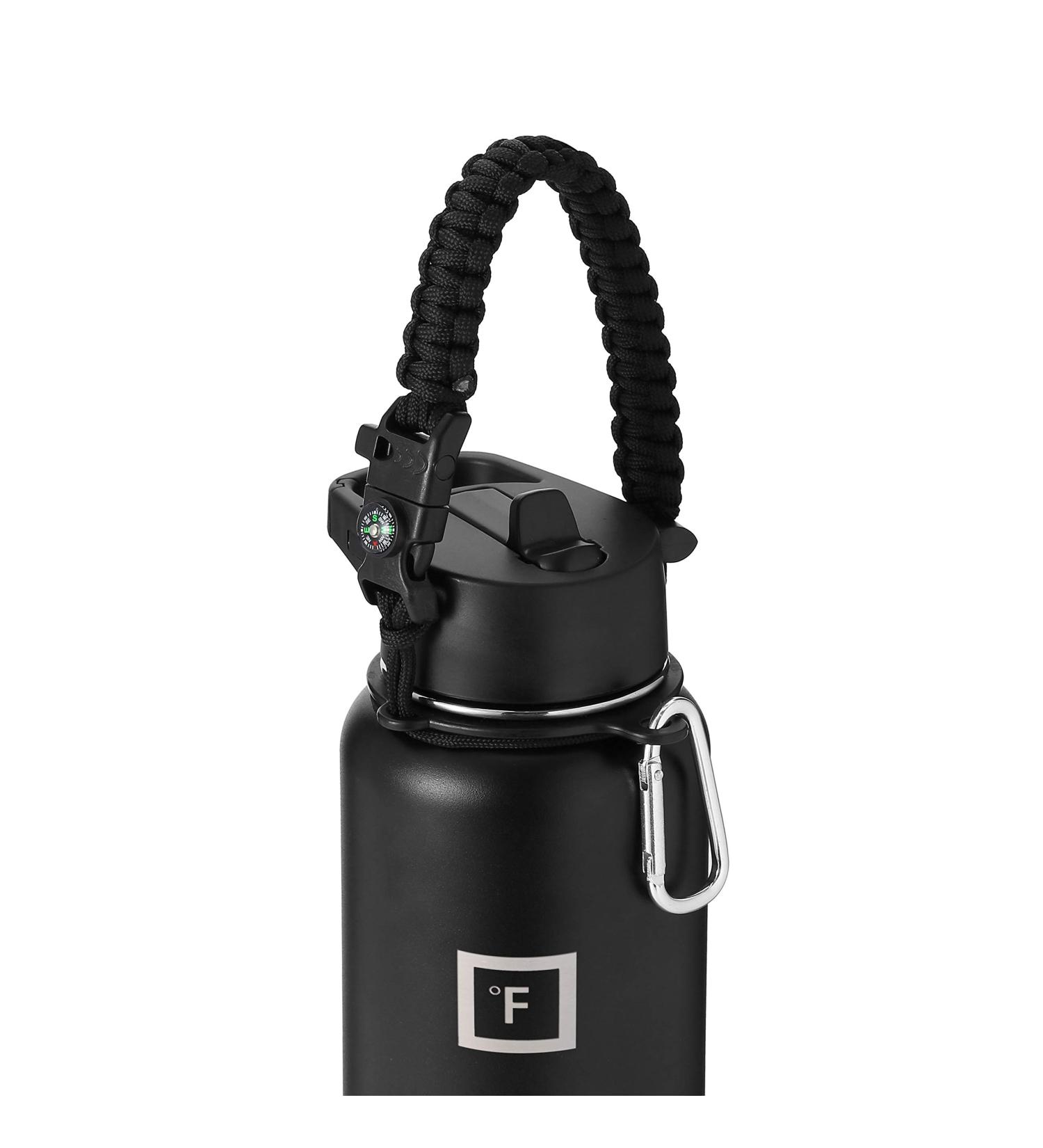 Iron Flask Paracord Handle - Wide Mouth Water Bottle Carrier with Safety Ring, Carabiner & Survival Bracelet - Midnight Black - Buy Online on GoSupps.com