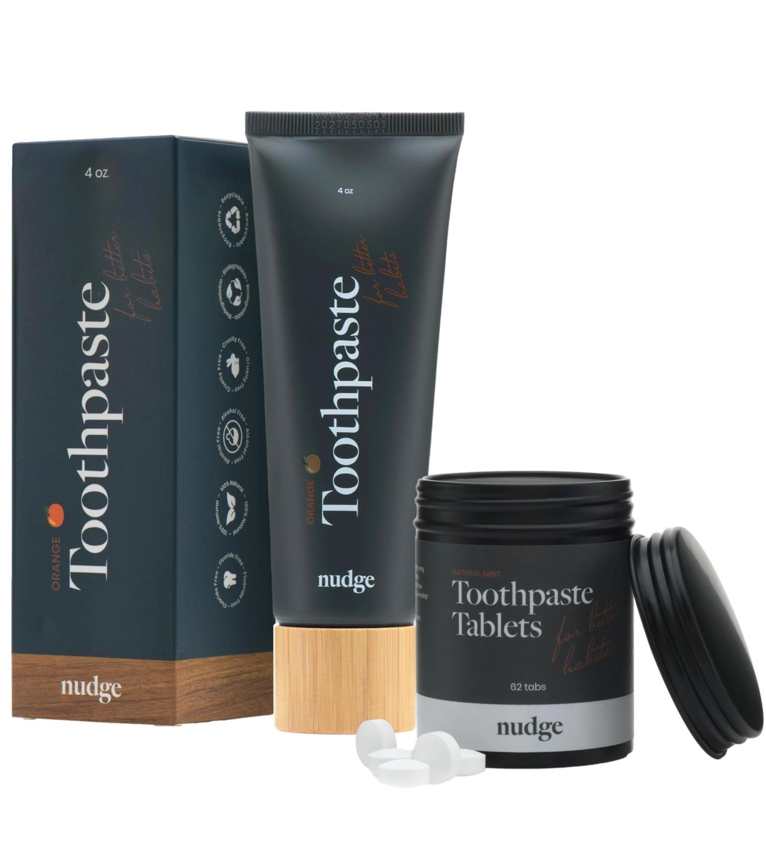 Nudge Toothpaste Tablets and Orange Toothpaste Bundle 10% Nano Hydroxyapatite Fluoride Free SLS Free Remin+ Formula 62 Tabs and 4.5 oz Tube - Buy Online on GoSupps.com