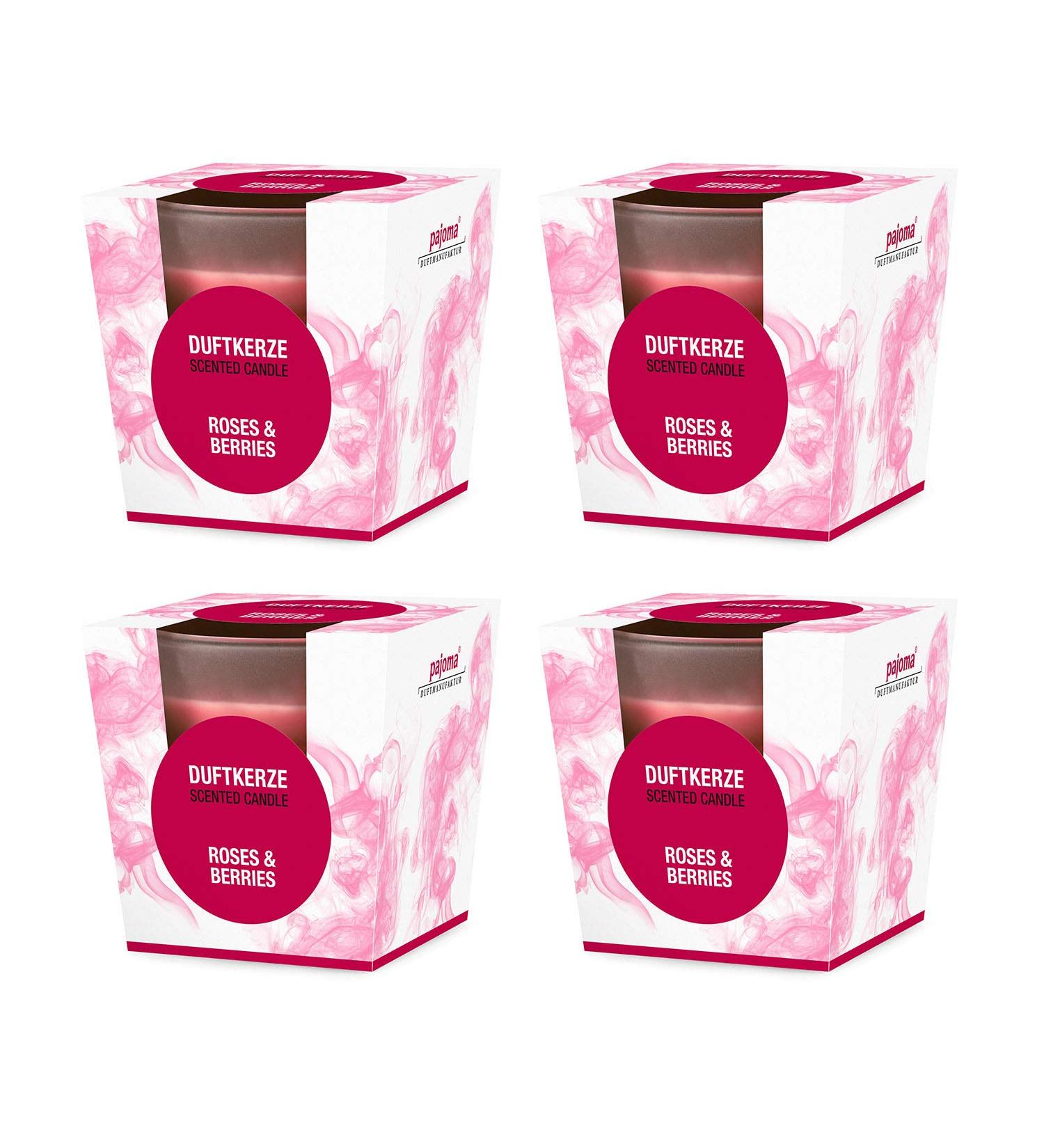 Pajoma fragrance candle 4 -Set Roses & Berries - in satin glass |4x 120g of wax weight burning time: 25 hours in a noble gift packaging |Premium quality roses & berries 4