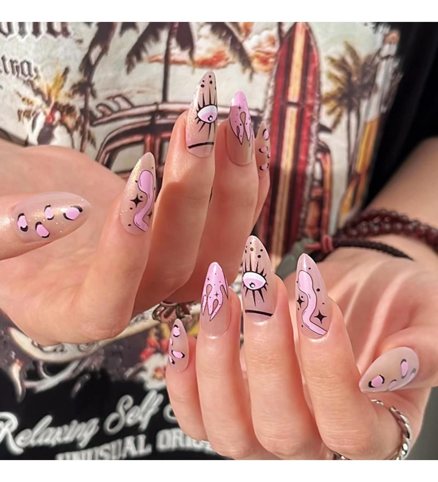 Runrayay 24pcs Press On Nails - Pink Midrings with Snake & Flame French Designs | Oval Nail Art for Women & Girls - Buy Online on GoSupps.com