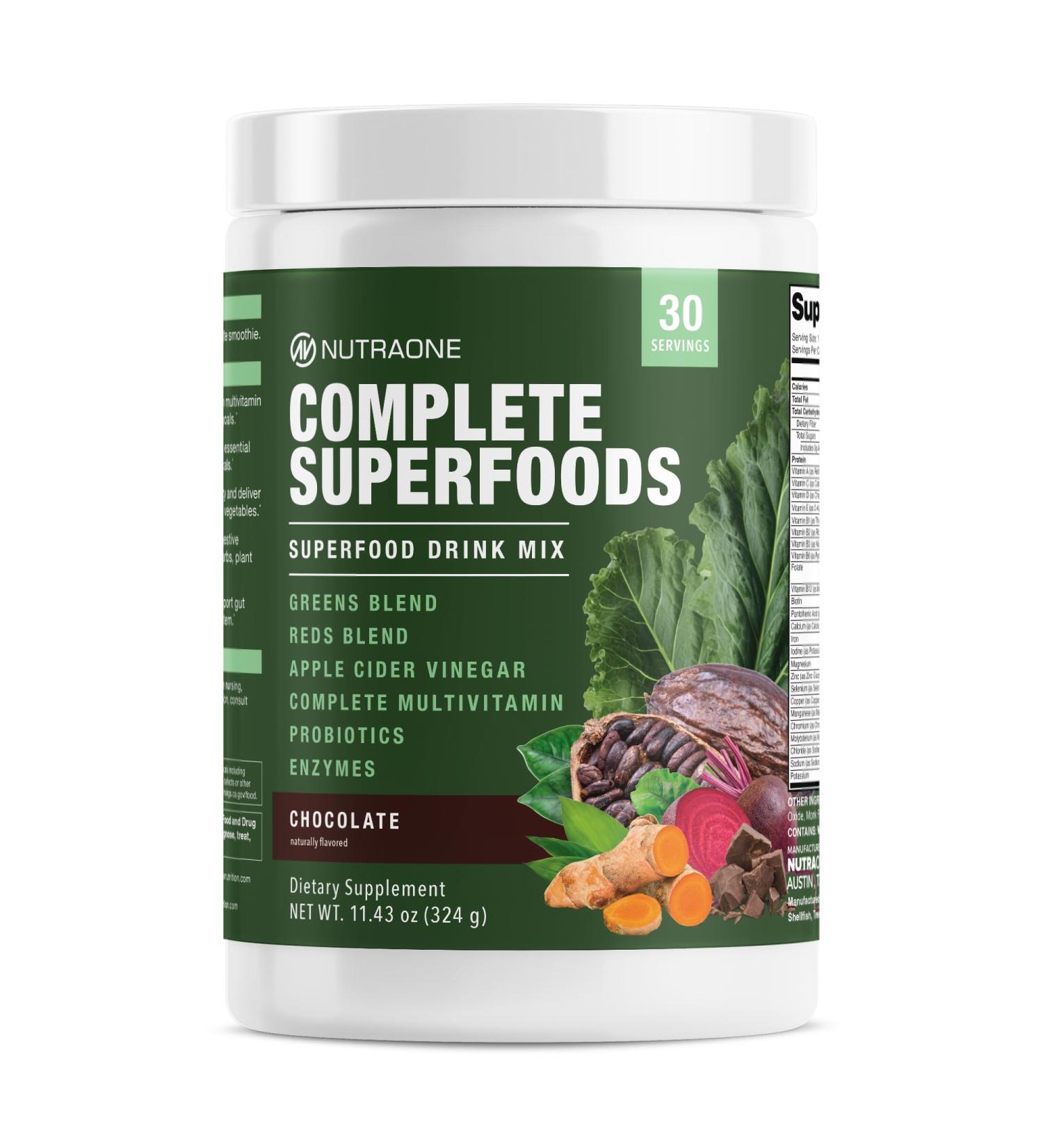 Complete Superfoods Greens & Reds Blend* Apple Cider Vinegar Digestive Enzyme Blend* Probiotic Blend* Multivitamin* (Chocolate - 30 Servings) Chocolate Large - Buy Online on GoSupps.com