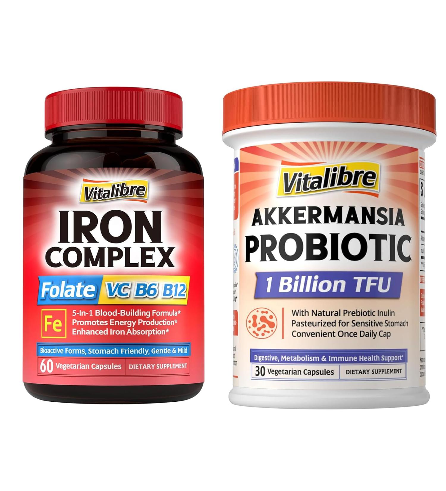 Iron Complex Supplement 60 Capsules & Akkermansia Muciniphila Probiotic 1 Billion TFU 30 Capsules - Buy Online on GoSupps.com