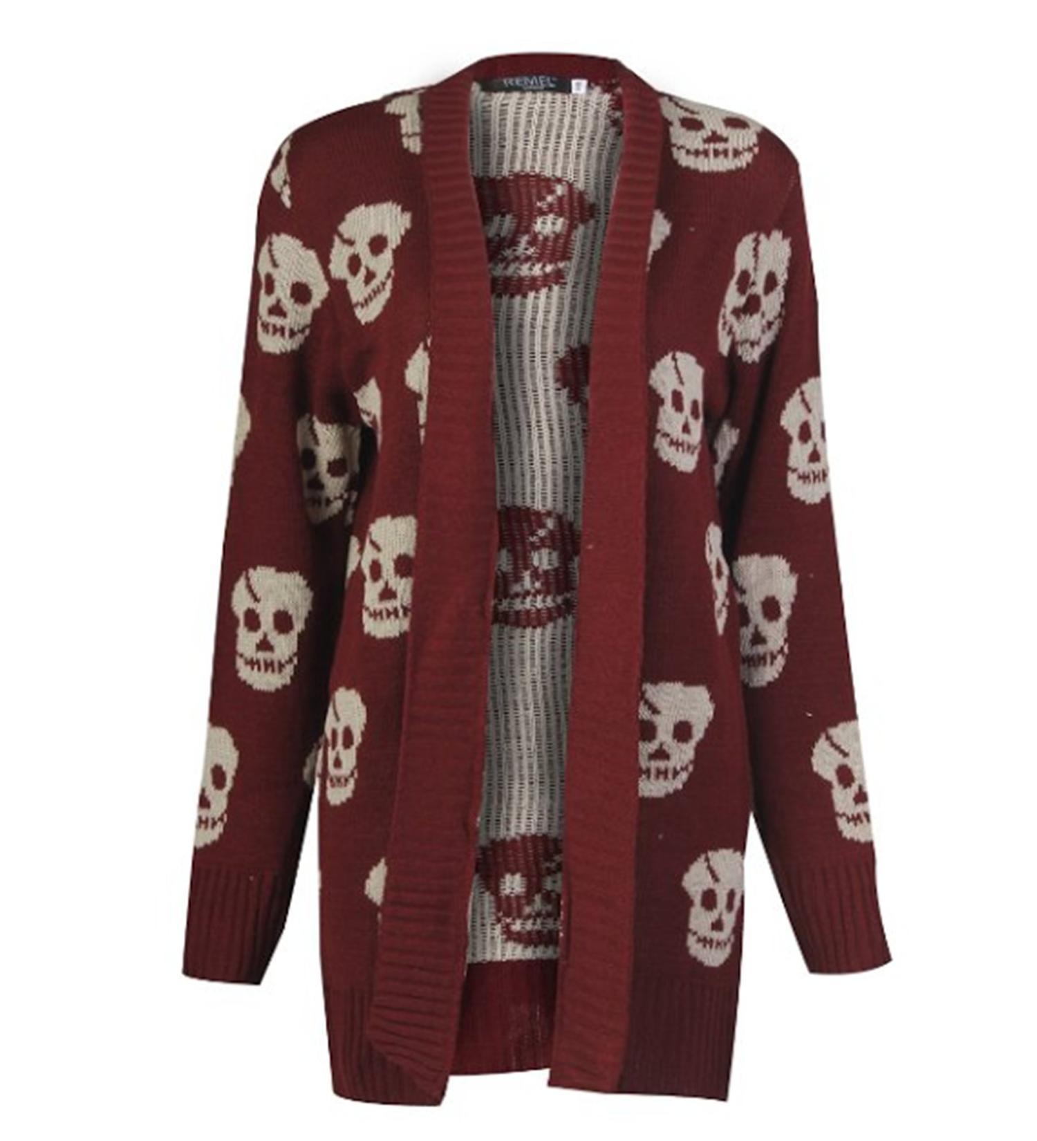 Fast Fashion Ladies Long Sleeves open Cardigan Skull Owl Front and above 36 Wine