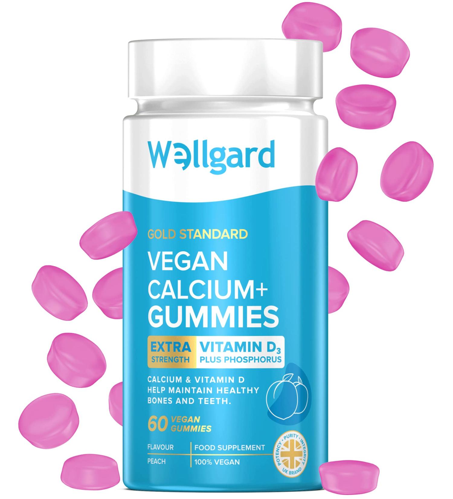 Wellgard Vegan Calcium Gummies Phosphorus Natural Fruity Flavoured Supports Healthy Bones Muscles & Teeth UK Formulated Adults - Buy Online on GoSupps.com