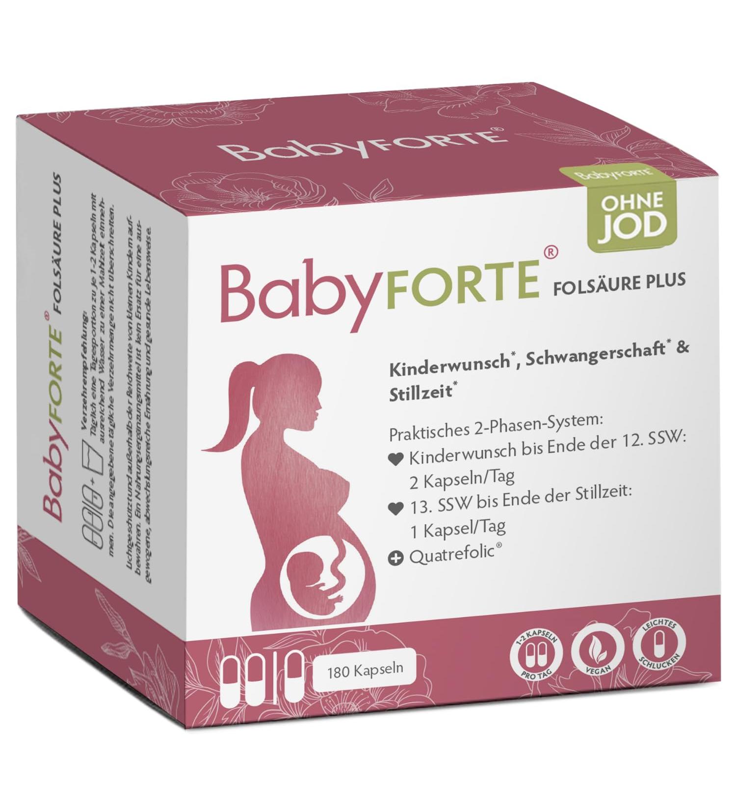 Baby Forte Folic Acid Plus (Without Iodine) | Vegan Pregnancy Vitamins | 180 Capsules | Essential Fertility & All B Vitamins - Buy Online on GoSupps.com